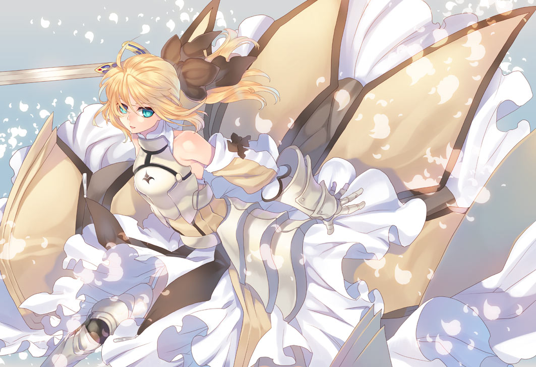tenkuu sphere, artoria pendragon (fate), saber (fate), saber lily, capcom, fate/stay night, fate/unlimited codes, fate (series), 00s, 1girl, armor, armored dress, blonde hair, blue eyes, dress, female focus, hair ribbon, long hair, petals, ponytail, ribbon, solo, sword, weapon