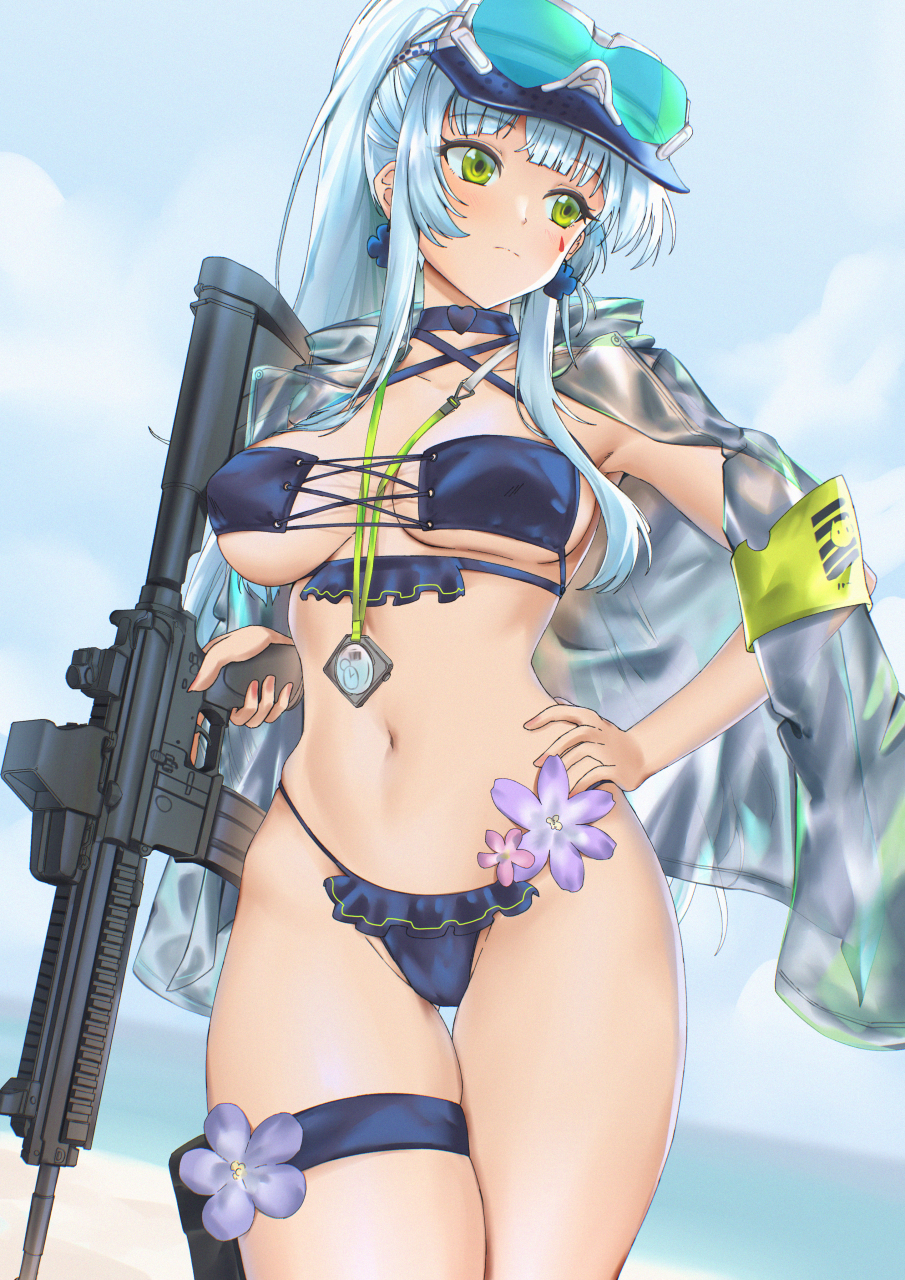 persocon93, hk416 (girls' frontline), klukai (cerulean breaker) (girls' frontline 2), klukai (girls' frontline 2), girls' frontline, girls' frontline 2: exilium, highres, 1girl, assault rifle, bikini, black bikini, blue hair, blush, breasts, covered erect nipples, cross, cross-laced bikini, cross-laced clothes, day, earrings, eyewear on head, facepaint, facing viewer, green eyes, gun, hand on own hip, highleg, highleg bikini, hip focus, holding, holding gun, holding weapon, holster, iron cross, jacket, jacket on shoulders, jewelry, light frown, long hair, looking to the side, medium breasts, navel, open clothes, open jacket, outdoors, ponytail, rifle, see-through clothes, see-through jacket, skindentation, solo, sunglasses, swimsuit, teardrop, thigh gap, thigh holster, thigh strap, thighs, very long hair, visor cap, weapon