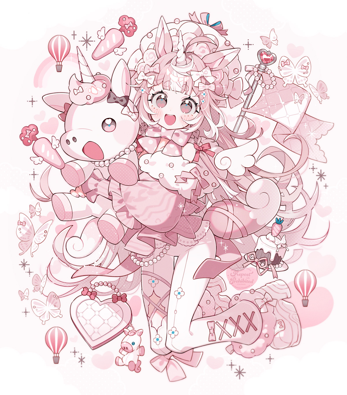 uekura eku, original, commentary request, highres, 1girl, :o, aircraft, animal ears, blush, bow, bug, butterfly, cake, carrot, flag, food, hat, heart, holding, holding stuffed toy, horns, horse ears, hot air balloon, insect, lolita fashion, long hair, nengajou, new year, pink background, pink bow, pink hair, pink ribbon, ribbon, single horn, stuffed animal, stuffed toy, stuffed unicorn, sweet lolita, tail, very long hair, watermark