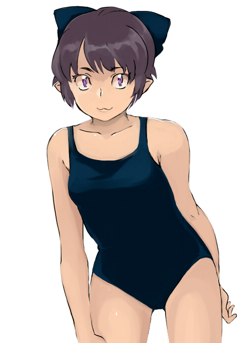 nekogasuki, nekomusume, gegege no kitarou, toei company, bad id, bad pixiv id, :3, black hair, hair ribbon, one-piece swimsuit, purple eyes, ribbon, school swimsuit, short hair, solo, swimsuit