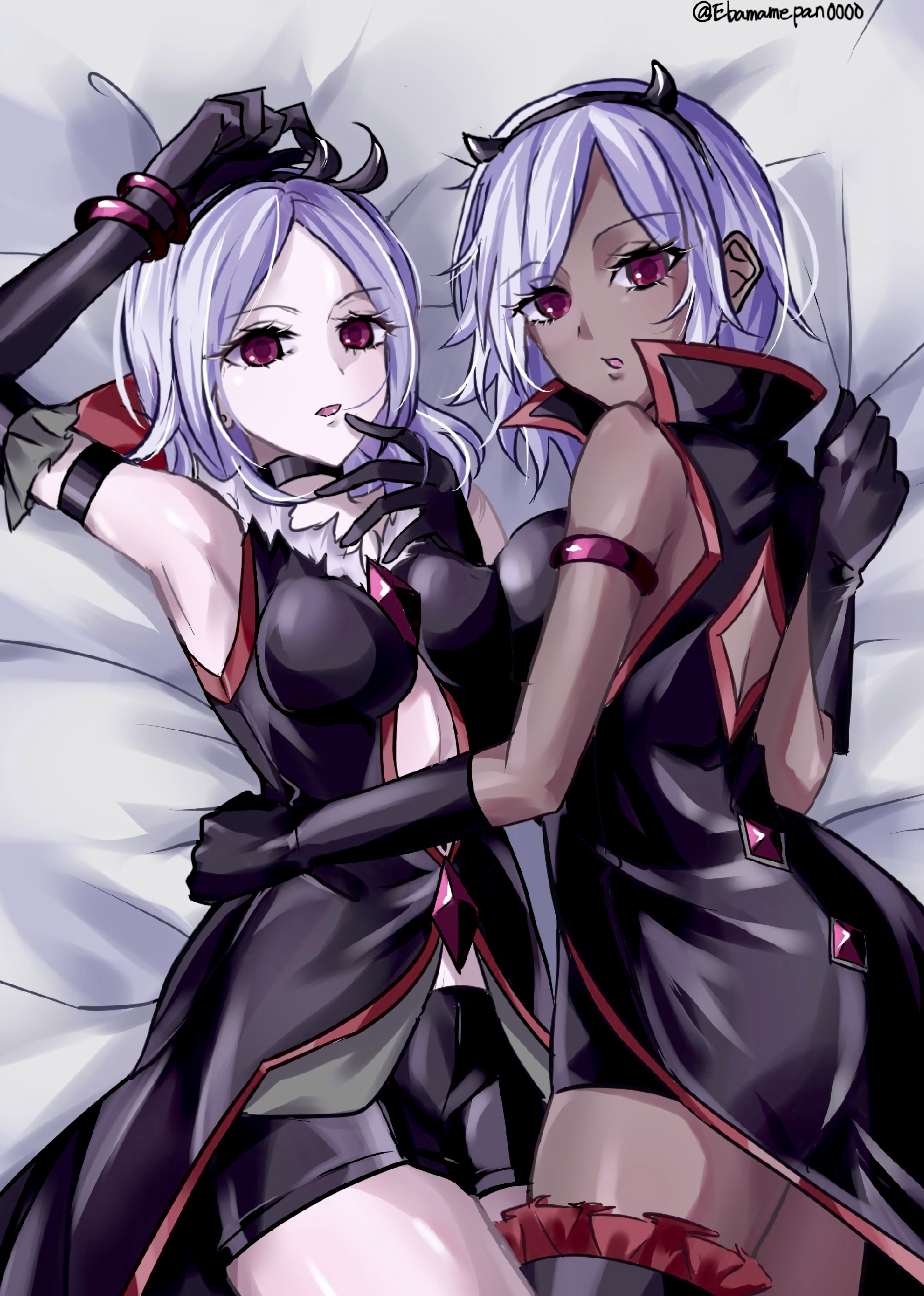 eas (fresh precure!), higashi setsuna, fresh precure!, ninja to gokudou, precure, absurdres, highres, 2girls, arm up, armband, armpits, bare shoulders, bike shorts, black armband, black choker, black gloves, black hairband, black jacket, black shorts, black thighhighs, bracelet, breasts, choker, crossover, dark-skinned female, dark skin, elbow gloves, gloves, hairband, heath (ninja to gokudou), higashiyama seshi, jacket, jewelry, look-alike, looking at viewer, lying, medium breasts, medium hair, multiple girls, on bed, open mouth, red eyes, short shorts, shorts, sideways glance, thighhighs, white hair