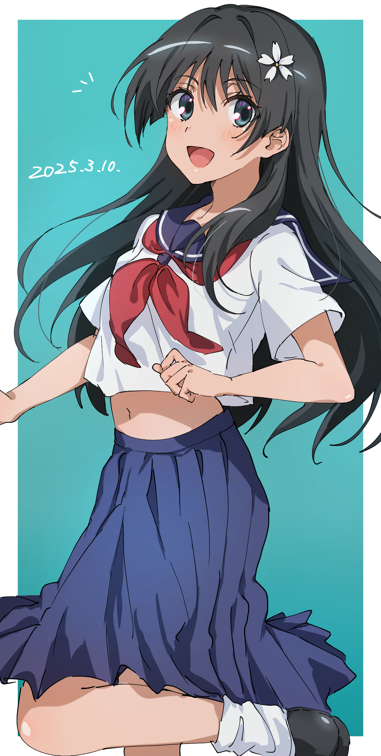 saten ruiko, toaru kagaku no railgun, toaru majutsu no index, absurdres, highres, 1girl, black hair, breasts, dated, green eyes, leg lift, leg up, long hair, looking at viewer, medium breasts, midriff, navel, open mouth, school uniform, skirt, smile, solo, tongue