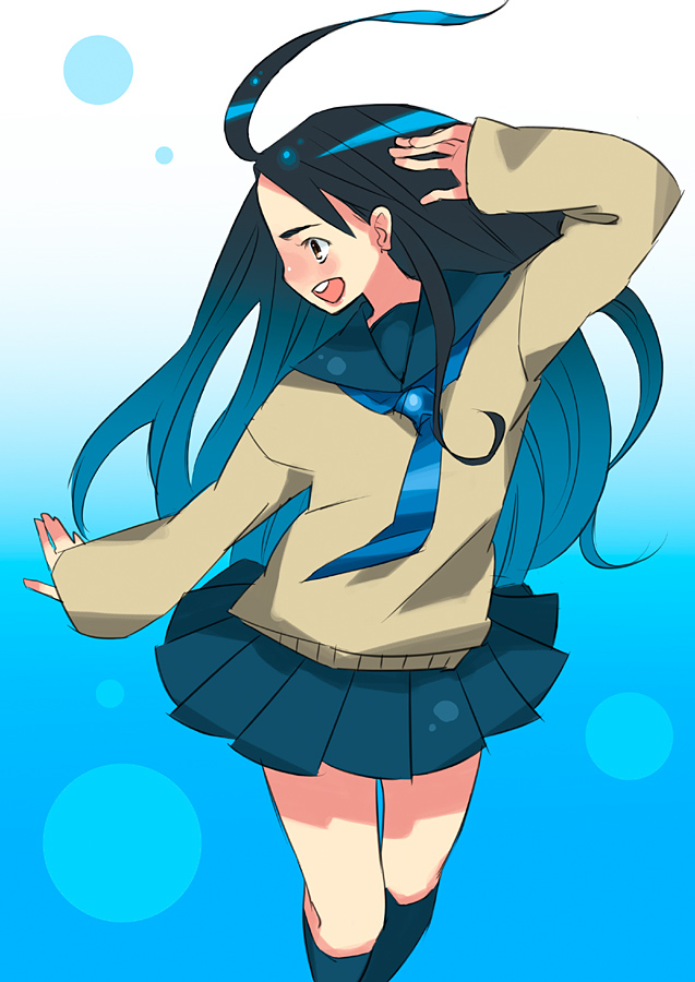 ukokkei, ahoge, blue hair, blush, long hair, necktie, school uniform, skirt, socks, solo