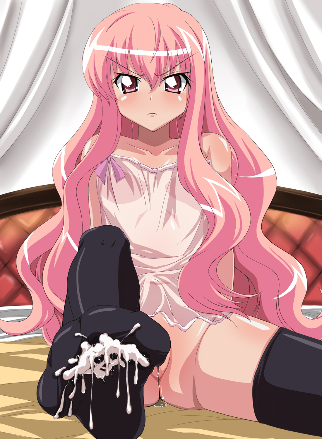 asu hare, louise francoise le blanc de la valliere, zero no tsukaima, highres, 00s, camisole, censored, cleft of venus, cum, loli, long hair, pink eyes, pink hair, pussy, pussy juice, thighhighs, very long hair