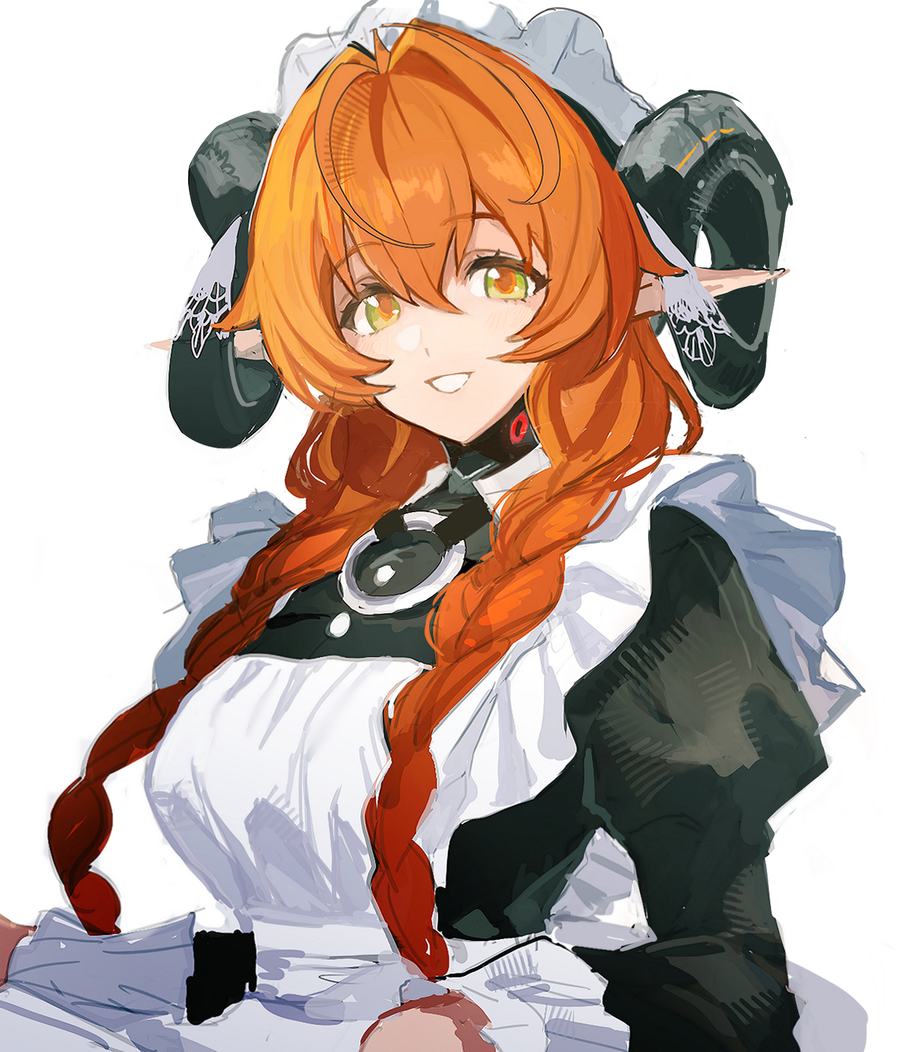 jionghai, orphie magnusson, zenless zone zero, commentary, highres, symbol-only commentary, 1girl, apron, braid, breasts, goat horns, green eyes, horns, large breasts, long hair, maid, maid apron, maid headdress, orange hair, pointy ears, smile, solo, twin braids