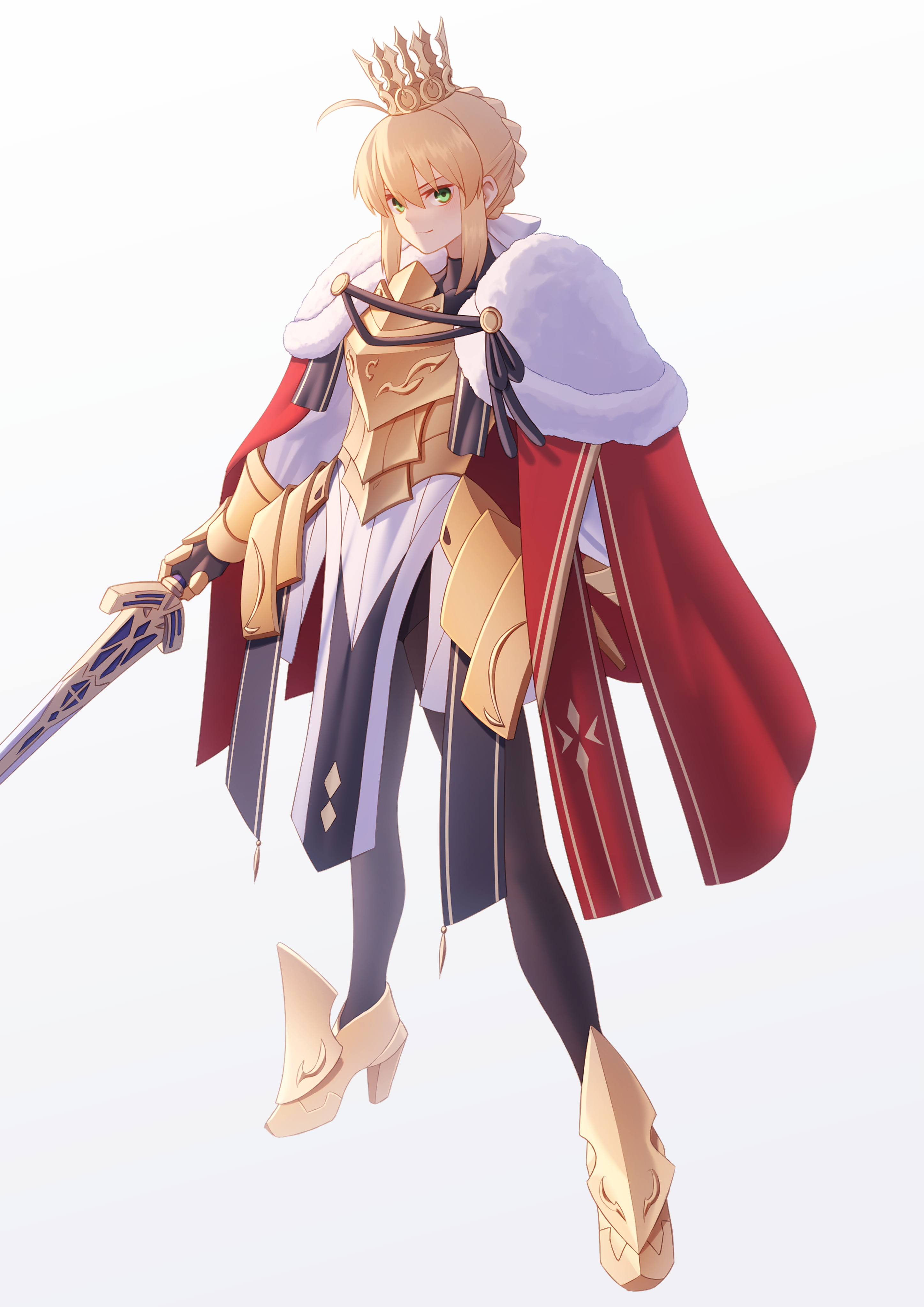 ka ki o, artoria pendragon (fate), lord logres (fate), lord logres (first ascension) (fate), fate/grand order, fate (series), absurdres, commentary request, highres, 1girl, ahoge, armor, blonde hair, breastplate, caliburn (fate), cape, crown, gauntlets, gold armor, green eyes, holding, holding sword, holding weapon, red cape, solo, sword, weapon