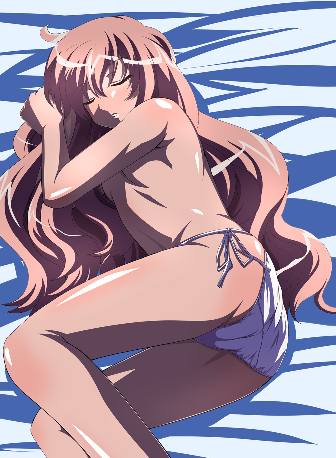 asu hare, louise francoise le blanc de la valliere, zero no tsukaima, highres, 00s, ass, bed, blush, cameltoe, long hair, panties, pink hair, sleeping, underwear