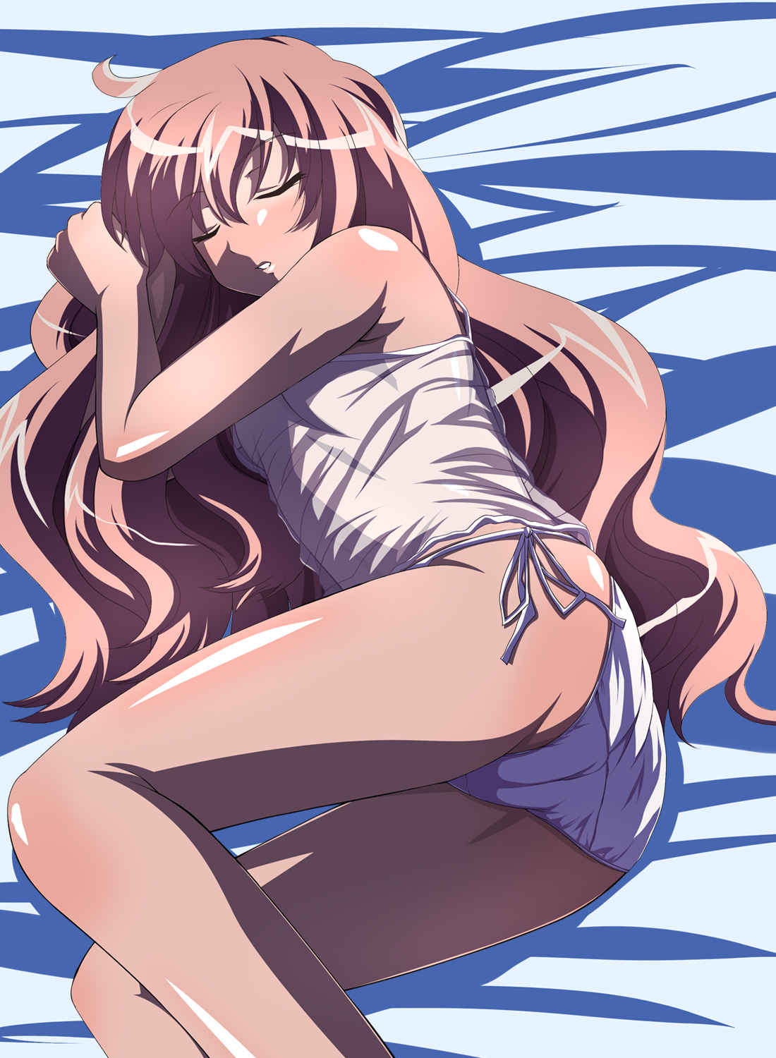 asu hare, louise francoise le blanc de la valliere, zero no tsukaima, highres, 00s, ass, blush, cameltoe, camisole, long hair, panties, pink hair, sleeping, underwear