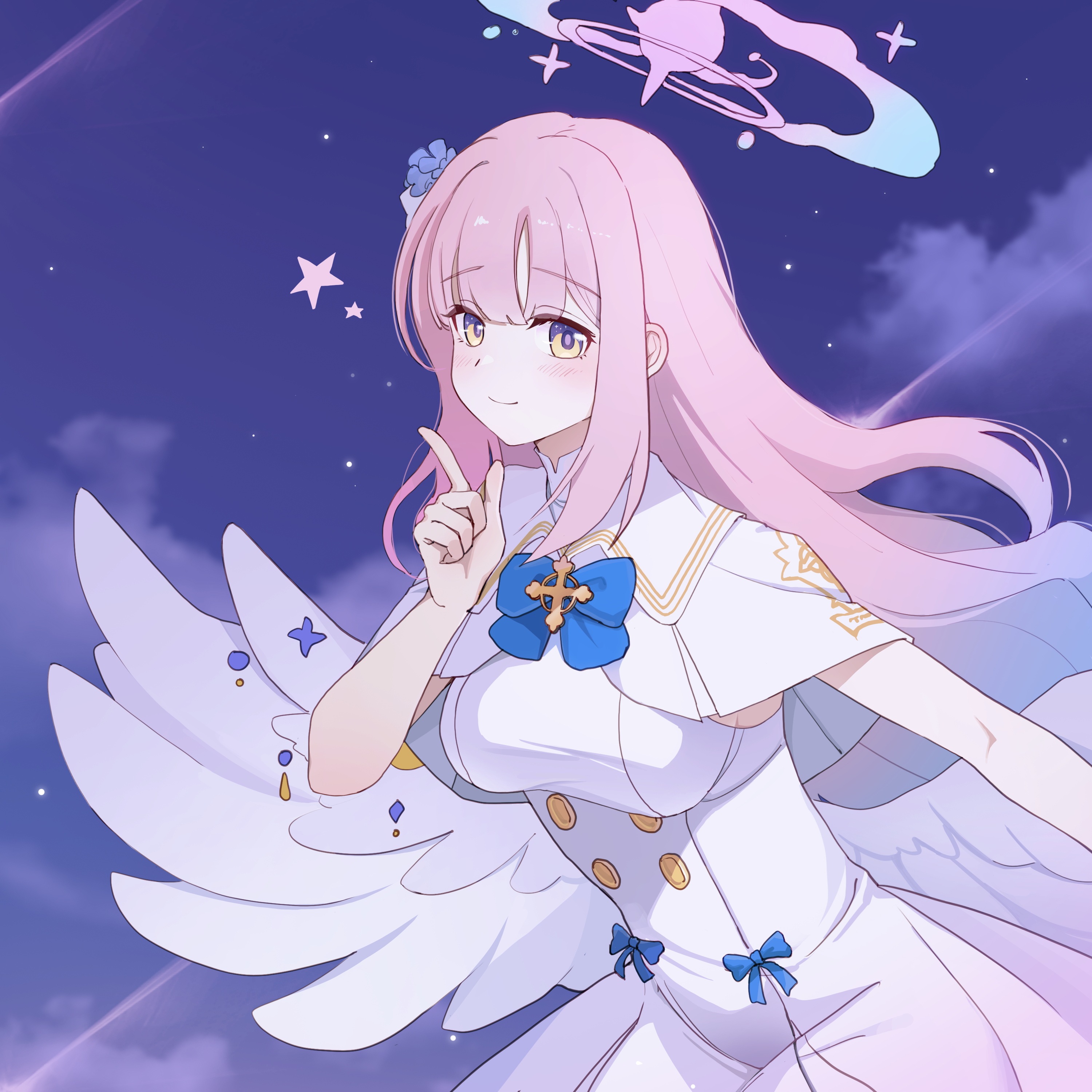 naeaemgung, mika (blue archive), blue archive, absurdres, commentary request, highres, 1girl, angel wings, blue bow, bow, breasts, buttons, capelet, closed mouth, double-breasted, dress, feathered wings, flower, gold trim, hair bun, hair flower, hair ornament, index finger raised, large breasts, long hair, looking at viewer, low wings, pink hair, single hair bun, single side bun, sleeveless, sleeveless dress, solo, very long hair, white capelet, white dress, white overskirt, white wings, wings, yellow eyes