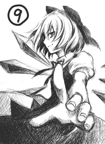 aikawa kyou, cirno, phantasmagoria of flower view, touhou, circled 9, dress, foreshortening, from side, greyscale, monochrome, pinafore dress, sleeveless dress, solo