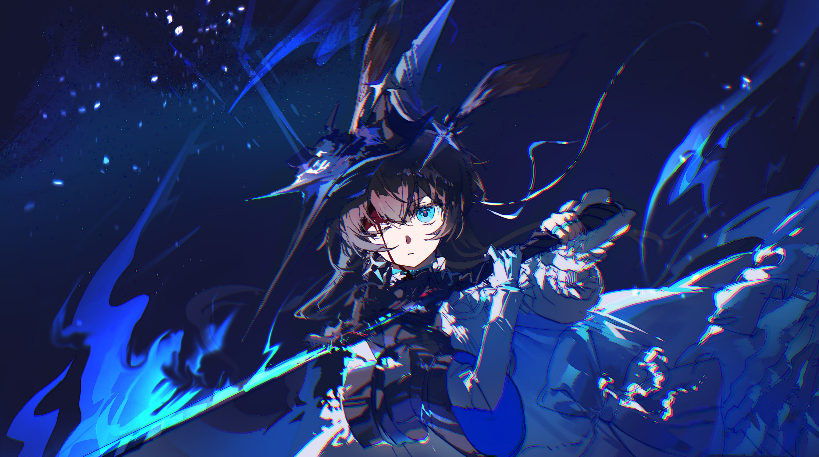 fenzisheng1, amiya (arknights), arknights, commentary request, highres, 1girl, animal ears, blue eyes, brown hair, hair between eyes, looking at viewer, one eye closed, rabbit ears, rabbit girl, solo