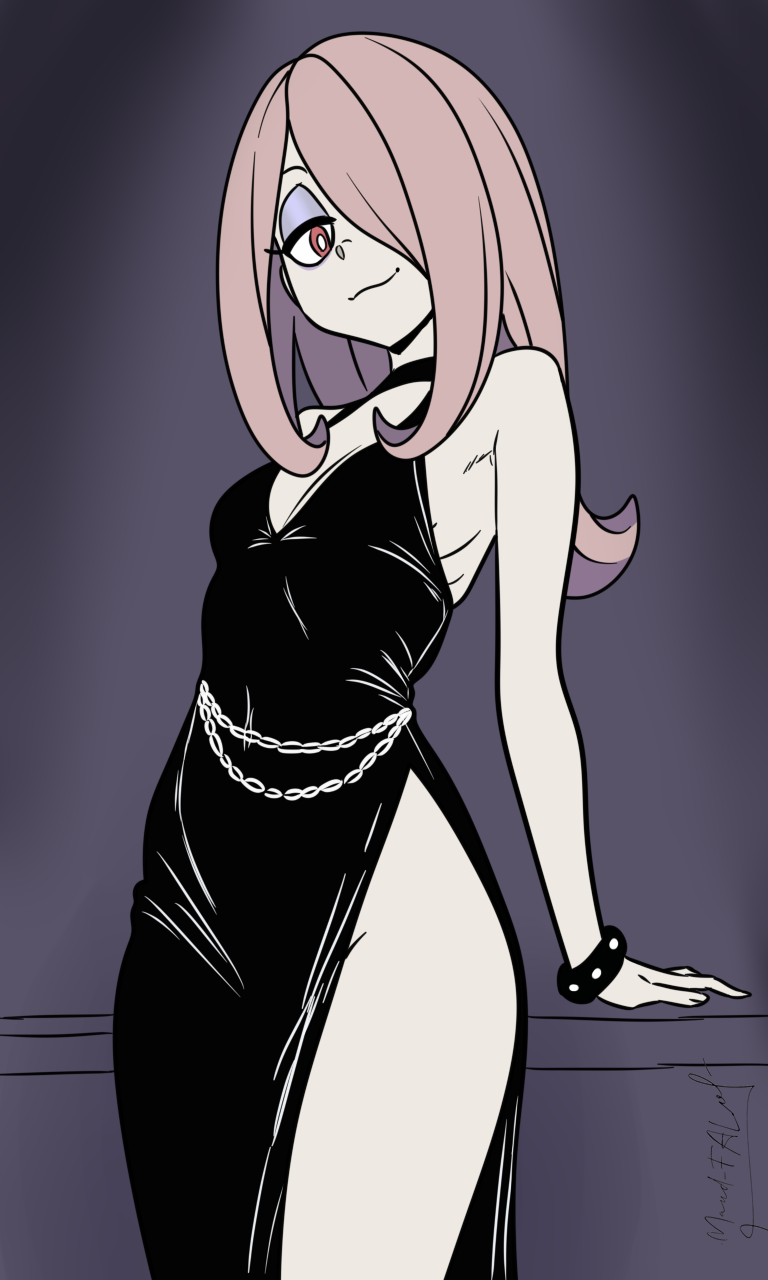 maud fal, sucy manbavaran, little witch academia, commentary, english commentary, highres, 1girl, black dress, bracelet, breasts, chain, cleavage, cleavage cutout, clothing cutout, covered navel, dress, hand on table, jewelry, long hair, looking down, medium breasts, pale skin, purple background, red eyes, signature, smile, solo, thighs