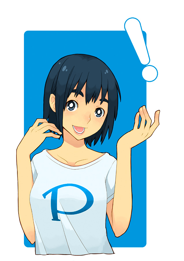 ukokkei, ayase fuuka, pixiv, yotsubato!, !, 1girl, blue eyes, blue hair, female focus, happy, matching hair/eyes, shirt, shorts, smile, solo, thick eyebrows