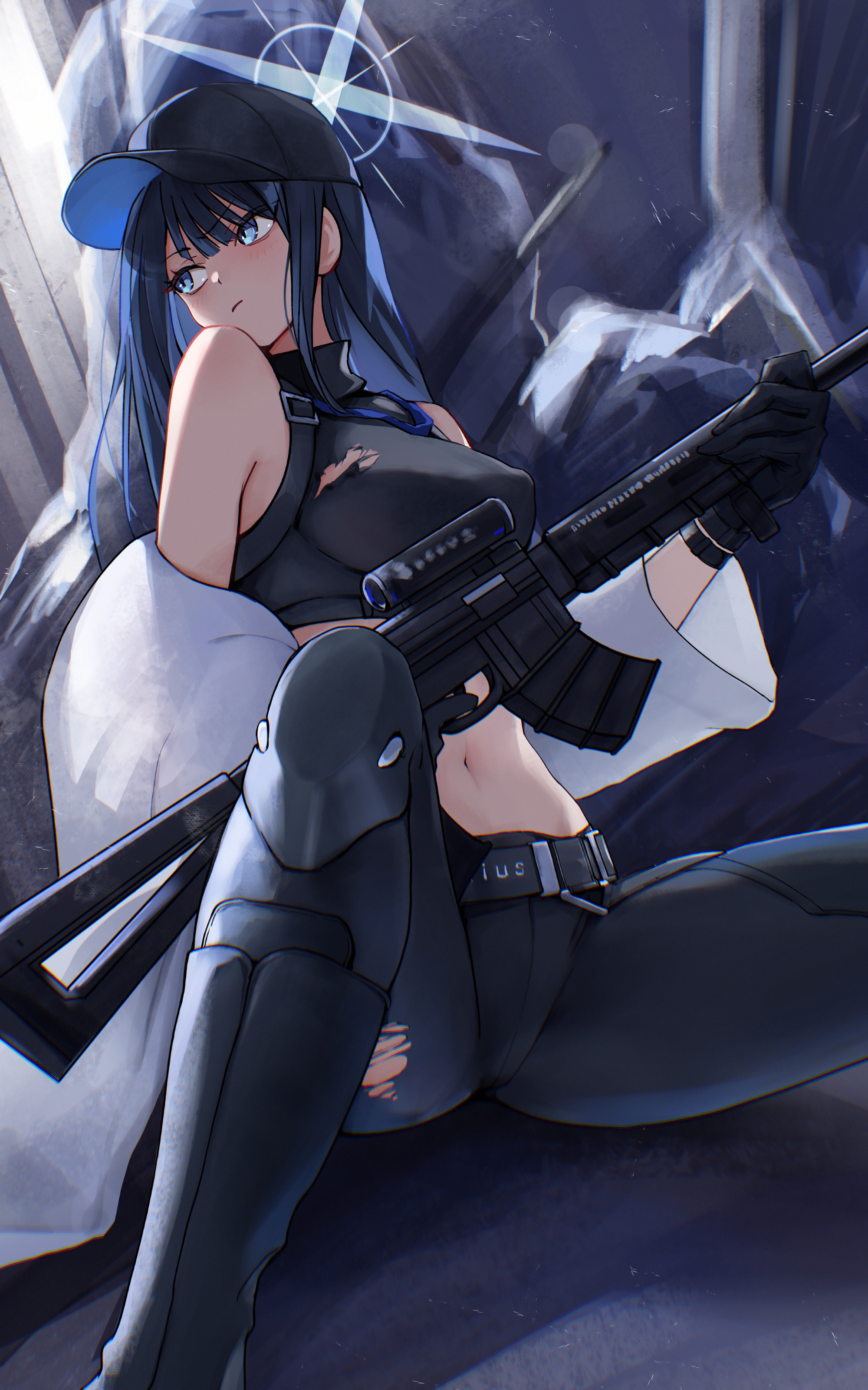 noomaru (nomorepeople), saori (blue archive), blue archive, sig sauer, absurdres, commentary request, highres, 1girl, assault rifle, bare shoulders, baseball cap, belt, black belt, black gloves, black hair, black hat, black pants, black shirt, blue eyes, blue hair, blue halo, boots, breasts, buckle, chest harness, closed mouth, coat, crop top, gloves, gun, halo, harness, hat, holding, holding gun, holding weapon, jacket, large breasts, leggings, long hair, long sleeves, looking to the side, medium breasts, midriff, multicolored hair, navel, off shoulder, open clothes, open coat, pants, rifle, scope, shirt, sitting, sleeveless, sleeveless shirt, snap-fit buckle, solo, stomach, taking cover, thighs, torn clothes, torn pants, torn shirt, two-tone hair, underbust, very long hair, weapon, white coat