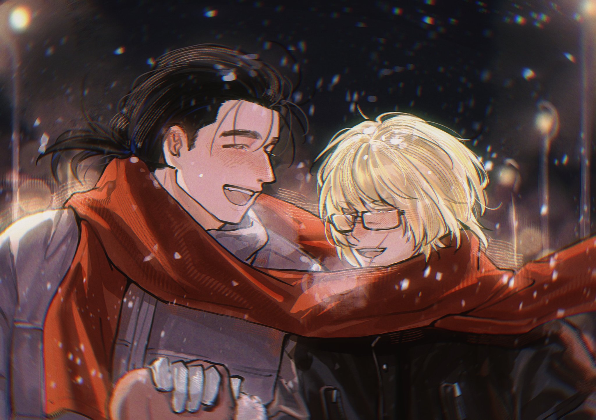 badeni, oczy, chi.: chikyuu no undou ni tsuite, commentary request, highres, 2boys, black coat, black hair, blonde hair, blurry, blurry background, brown mittens, closed eyes, coat, glasses, gloves, grey coat, hair between eyes, hair bun, holding hands, laughing, long hair, male focus, mittens, multiple boys, natsuharasu, open mouth, outdoors, red scarf, scar, scar on face, scar on mouth, scar on nose, scarf, shared clothes, shared scarf, short hair, smile, snowing, updo, white gloves, winter, yaoi