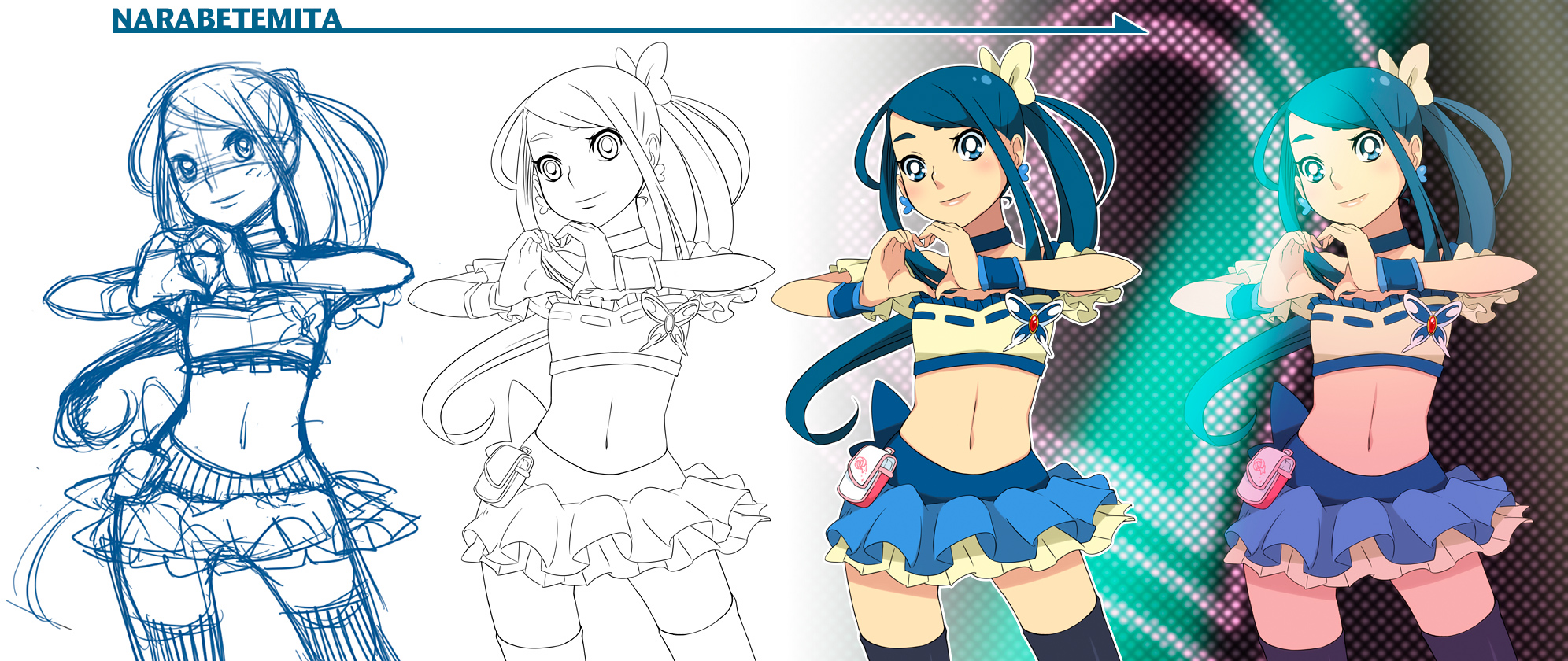 ukokkei, cure berry, minazuki karen, fresh precure!, precure, yes! precure 5, highres, 1girl, blue eyes, blue hair, blue skirt, choker, cosplay, cure berry (cosplay), earrings, flat chest, heart, heart hands, jewelry, long hair, magical girl, midriff, monochrome, multiple views, ponytail, sketch, skirt, thighhighs, variations, zettai ryouiki
