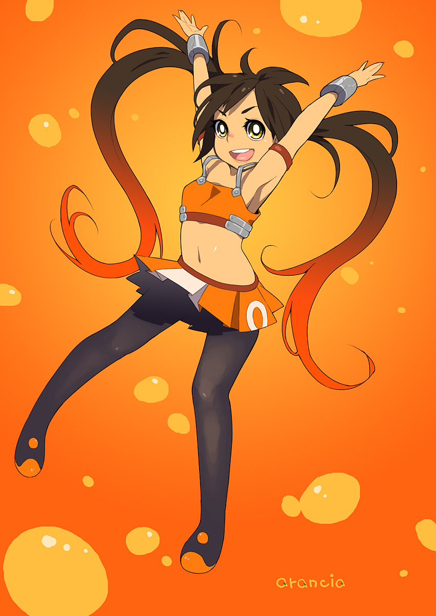 ukokkei, arancia, original, highres, 1girl, armpits, brown eyes, brown hair, female focus, legs, midriff, orange skirt, pantyhose, skirt, solo, tank top, twintails