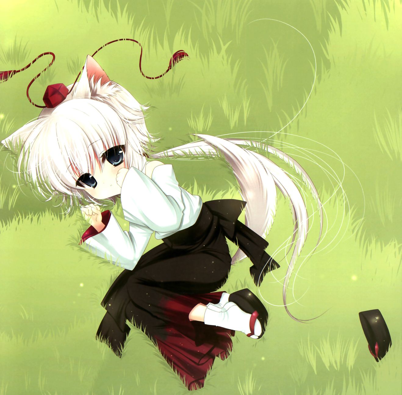 futaba miwa, inubashiri momiji, touhou, highres, 1girl, animal ears, blue eyes, female focus, geta, shoes, short hair, single shoe, solo, tail, wolf ears