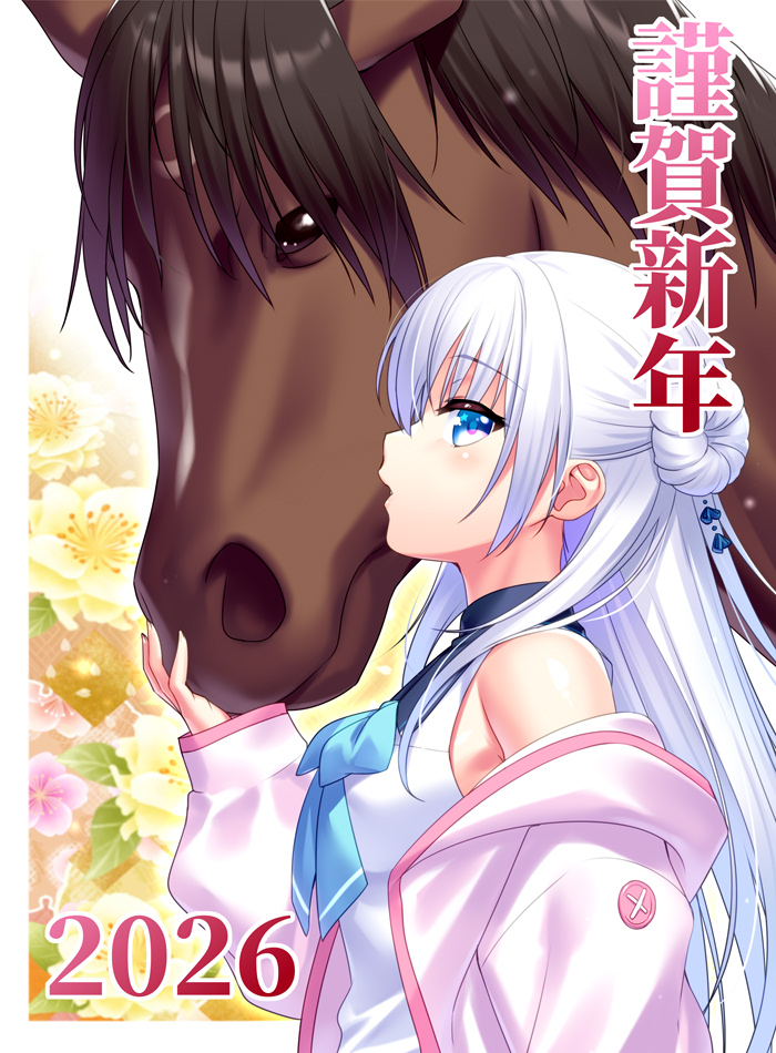zen (kamuro), commentary request, 1girl, 2026, anemoi, blue eyes, chinese zodiac, flower, hair bun, happy new year, horse, long hair, looking at viewer, nengajou, new year, off shoulder, sideways glance, tsujikura spica, upper body, white hair, year of the horse