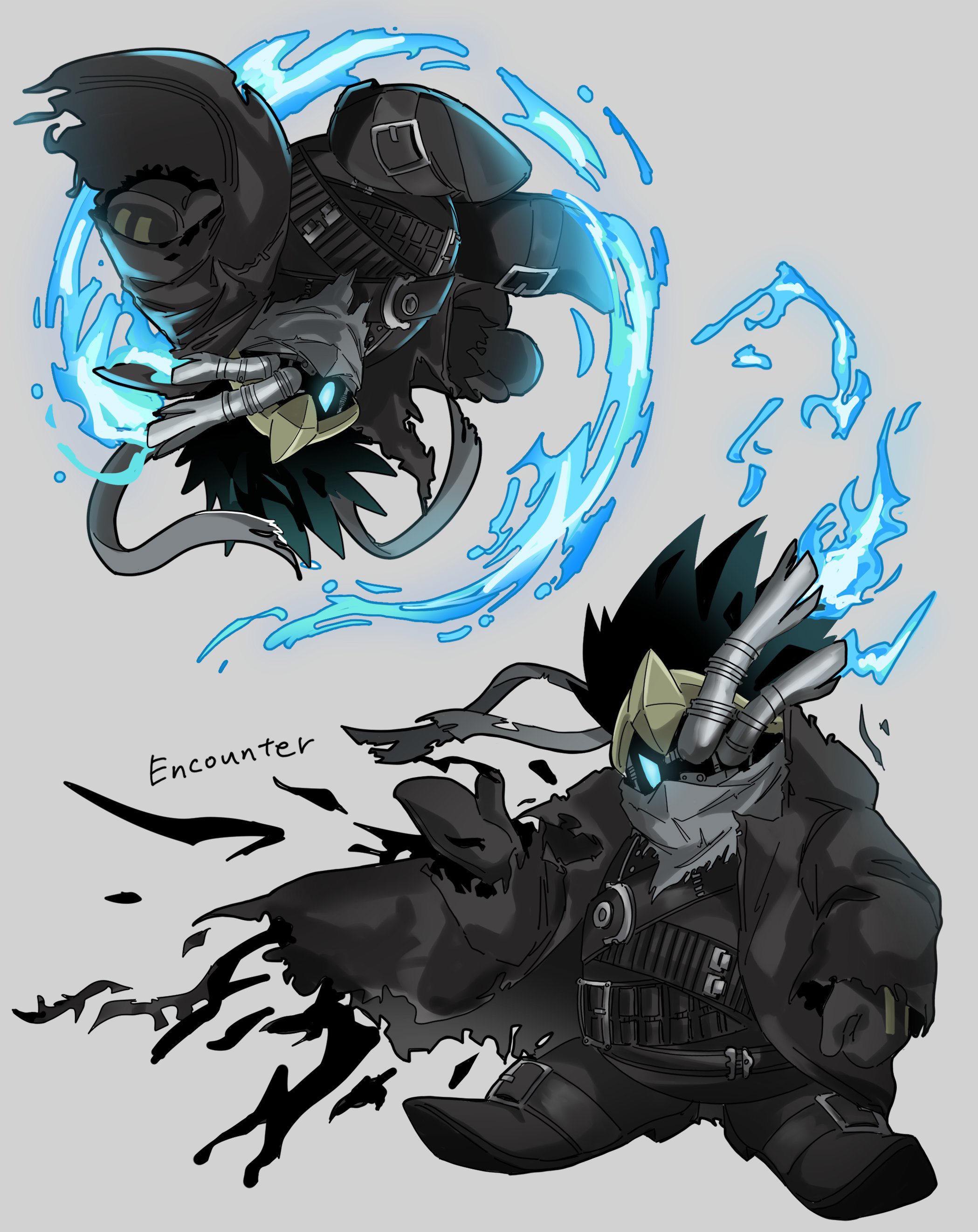 noir dedede, kirby (series), kirby air ride, kirby air riders, nintendo, absurdres, highres, black gloves, black hair, blue eyes, blue fire, exhaust pipe, fire, gekiyasu 123, gloves, grey background, jacket, multiple views, solo, standing, torn clothes, torn jacket