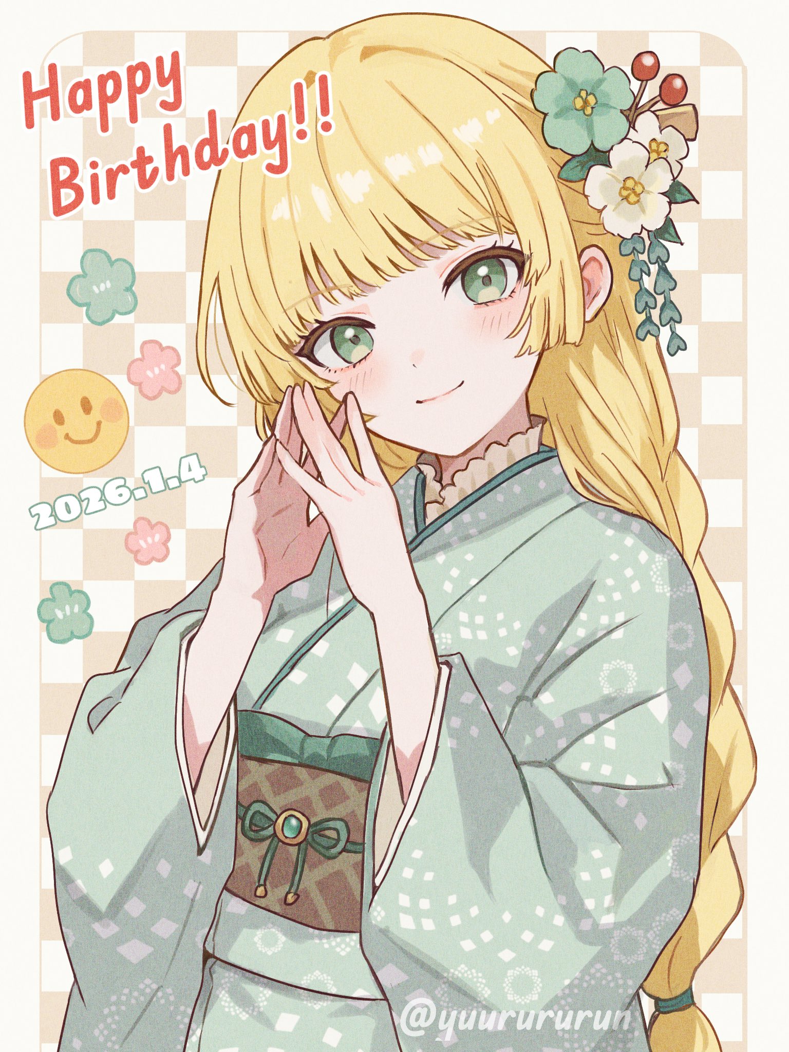 yuurururun, ingrid brandl galatea, fire emblem, fire emblem: three houses, nintendo, commentary request, highres, 1girl, alternate costume, blonde hair, blue kimono, blush, braid, braided ponytail, breasts, closed mouth, flower, green eyes, green kimono, hair flower, hair ornament, happy birthday, japanese clothes, kimono, long hair, long sleeves, looking at viewer, obi, sash, small breasts, smile, solo