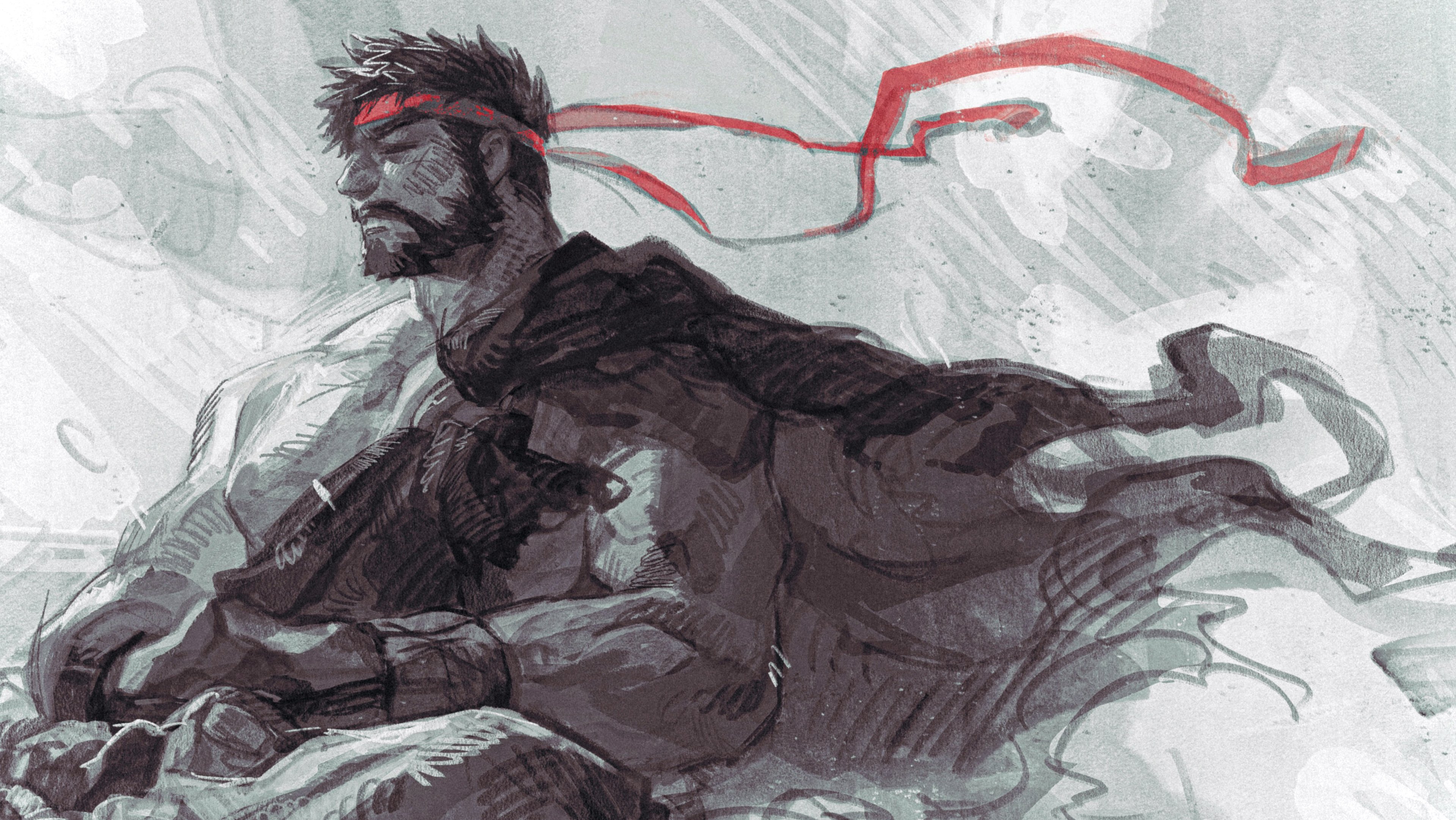 marumaru1902, ryu (street fighter), street fighter, street fighter 6, absurdres, commentary request, highres, 1boy, beard, cape, closed eyes, closed mouth, facial hair, gloves, headband, male focus, muscular, muscular male, o-ring, own hands together, pants, profile, red headband, short hair, sketch, solo, spot color, torn cape, torn clothes