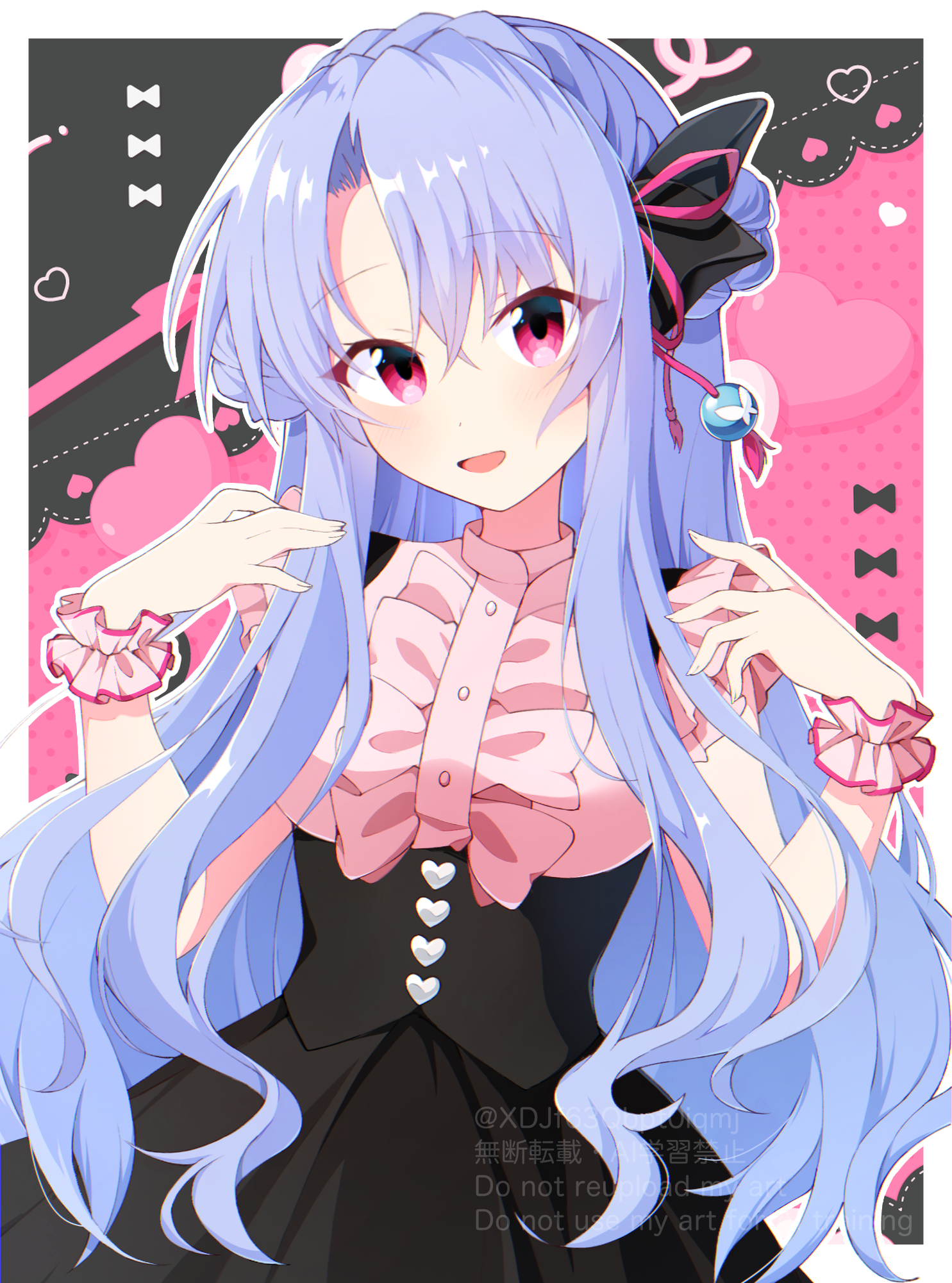 xdjf63qbpt0iqmj, sorakado ao, summer pockets, commentary request, highres, 1girl, :d, alternate costume, alternate hairstyle, animal print, black background, black bow, black corset, black skirt, blue hair, blush, border, bow, braid, butterfly print, buttons, center frills, corset, cowboy shot, crown braid, eyes visible through hair, frilled shirt, frills, hair between eyes, hair bow, hair bun, hair ornament, hair ribbon, hands up, heart button, jirai kei, long hair, looking at viewer, open mouth, outline, outside border, pink background, pink scrunchie, pink shirt, pink skirt, red eyes, red ribbon, ribbon, scrunchie, shirt, short sleeves, simple background, single side bun, skirt, smile, solo, twitter username, two-tone background, very long hair, w arms, watermark, white border, white outline, wrist scrunchie