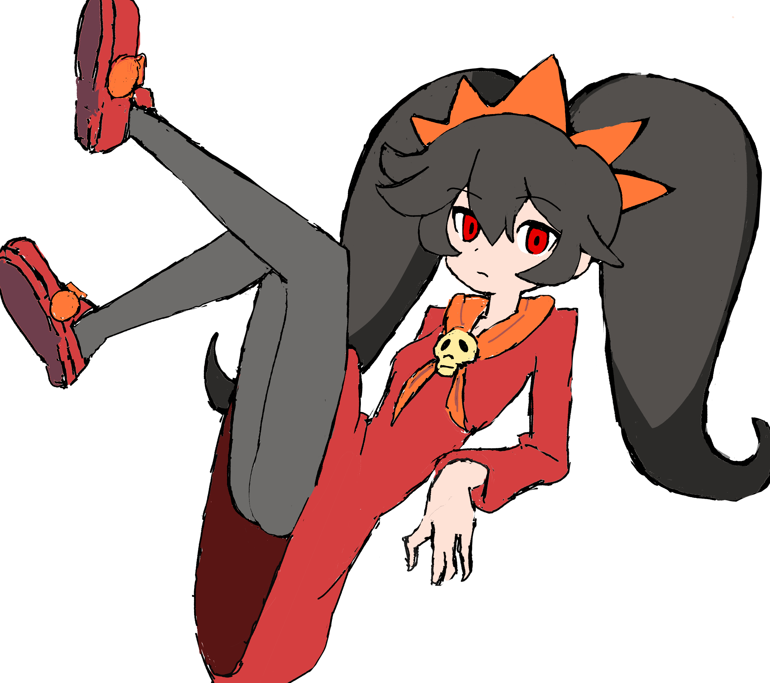 ktmthe2nd, ashley (warioware), nintendo, warioware, commentary request, highres, 1girl, black hair, dress, hairband, long hair, neckerchief, orange hairband, orange neckerchief, pantyhose, red dress, red eyes, red shoes, shoes, skull brooch, skull ornament, solo, twintails, white background