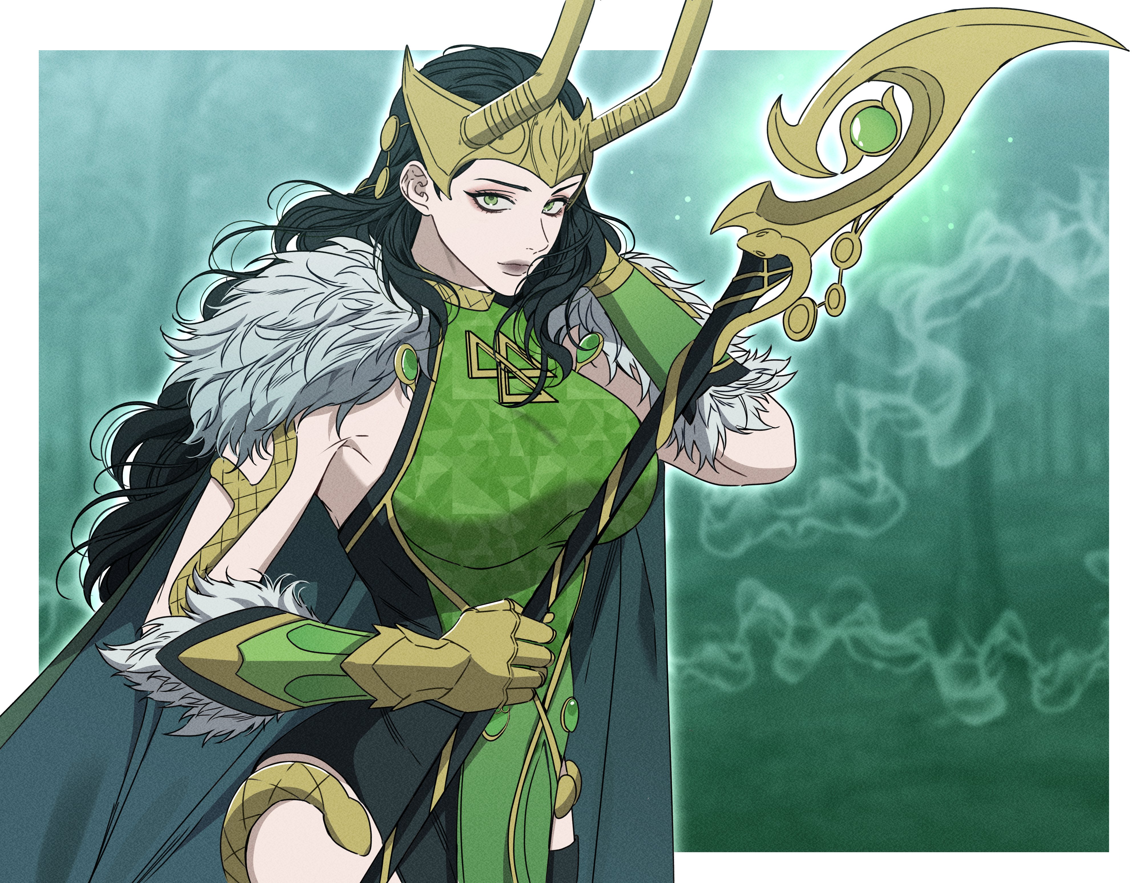 lady loki, loki (marvel), marvel, marvel rivals, thor (marvel) (series), absurdres, commentary, english commentary, highres, 1girl, alternate form, aqua cape, black hair, black leotard, black lips, border, breasts, cape, cowboy shot, fake horns, fur-trimmed cape, fur trim, gloves, gold gloves, gold headwear, green background, green cape, green eyes, green leotard, hand in own hair, holding, holding staff, horned headwear, horns, iiia puhiii, large breasts, leotard, looking at viewer, looking to the side, multicolored leotard, official alternate costume, pelvic curtain, solo, staff, white border
