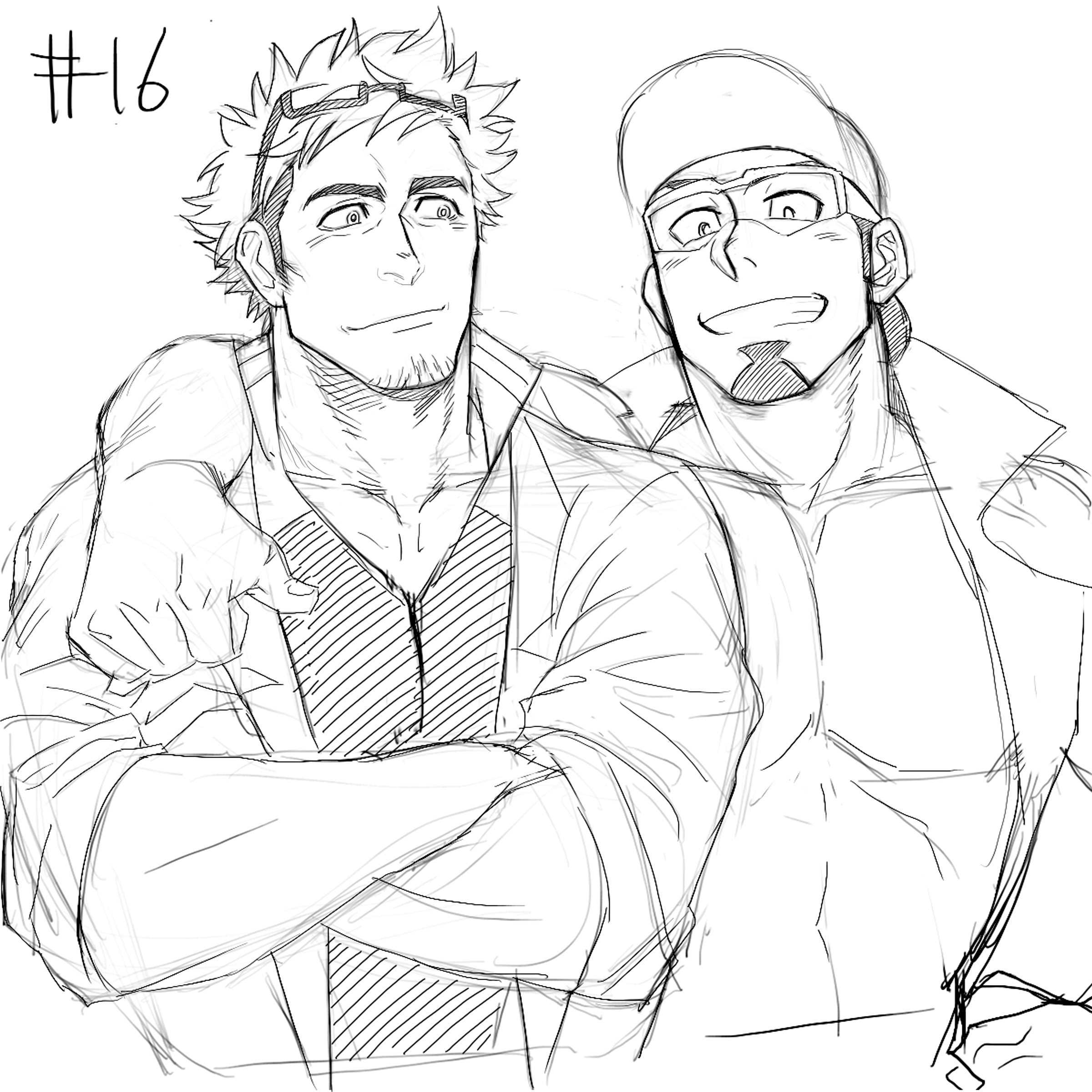 yakisoba ohmori, professor kukui, professor willow, nintendo, odaibako, pokemon, pokemon go, pokemon sm, absurdres, commentary request, highres, 2boys, arm around shoulder, bara, bare pectorals, crossed arms, eyewear on head, facial hair, glasses, goatee, goatee stubble, grin, large pectorals, male focus, monochrome, multiple boys, pectorals, short hair, sketch, sleeves rolled up, smile, stubble