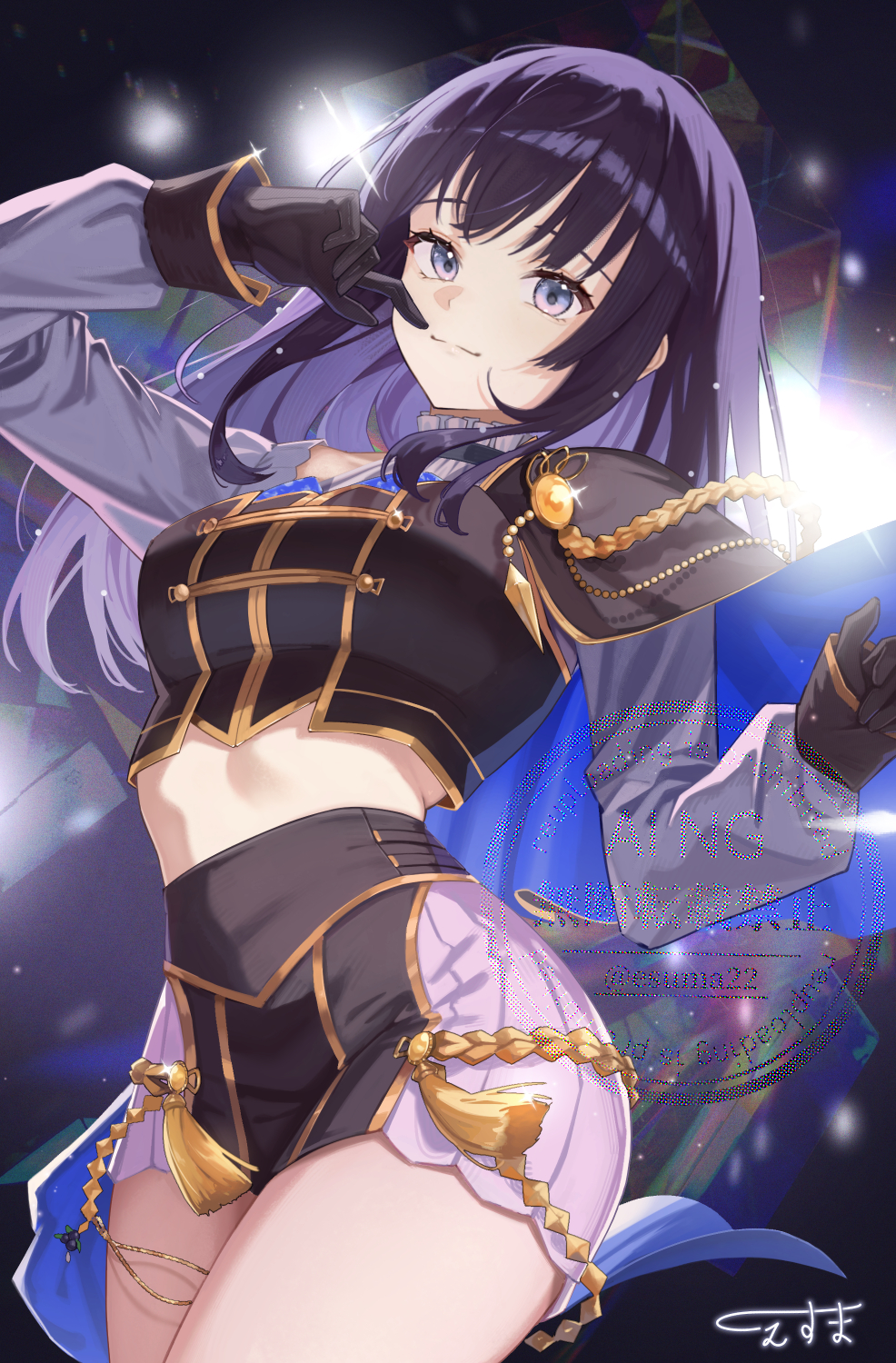 esuma gt, ponto nei, nijisanji, commentary request, highres, 1girl, aiguillette, arm up, black cape, black gloves, black shirt, black shorts, blue cape, blue eyes, breasts, cape, closed mouth, clothing cutout, cowboy shot, finger to mouth, frilled shirt collar, frills, glint, gloves, gold trim, gradient eyes, hand up, high-waist shorts, idol clothes, layered shirt, light particles, light smile, long hair, long sleeves, looking at viewer, medium breasts, midriff, multicolored eyes, nijisanji idol uniform, pink eyes, purple hair, shirt, shorts, shoulder cutout, side cape, signature, sleeve cuffs, solo, tassel, two-sided cape, two-sided fabric, virtual youtuber, watermark, white shirt, white shorts