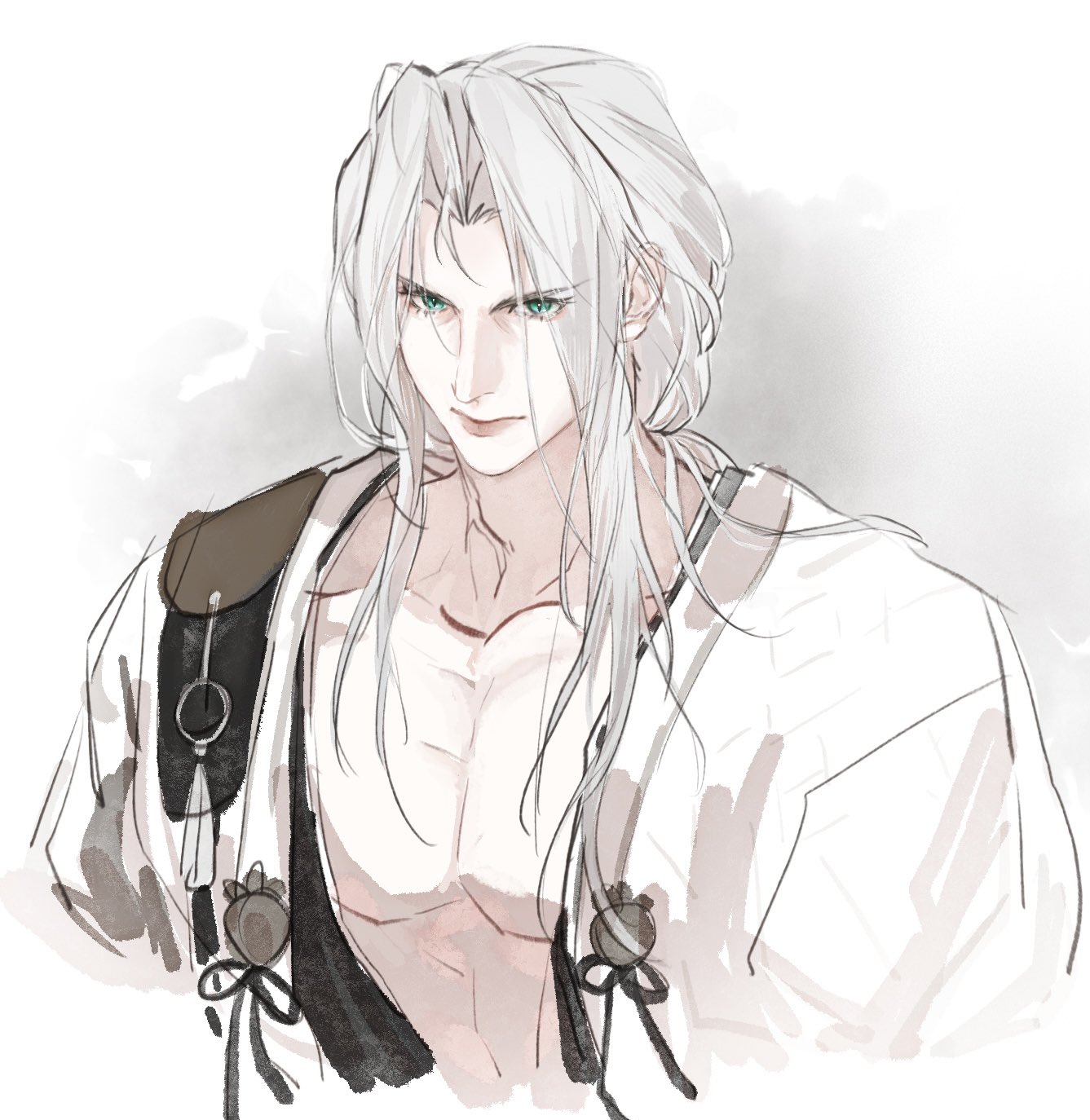 sephiroth, final fantasy, final fantasy vii, final fantasy vii: ever crisis, commentary, english commentary, highres, 1boy, black kimono, closed mouth, green eyes, grey hair, haori, huaihecc, japanese clothes, kimono, long bangs, low ponytail, male focus, official alternate costume, open clothes, open kimono, parted bangs, pectorals, ponytail, sephiroth (one with the blade), slit pupils, solo, upper body, white haori