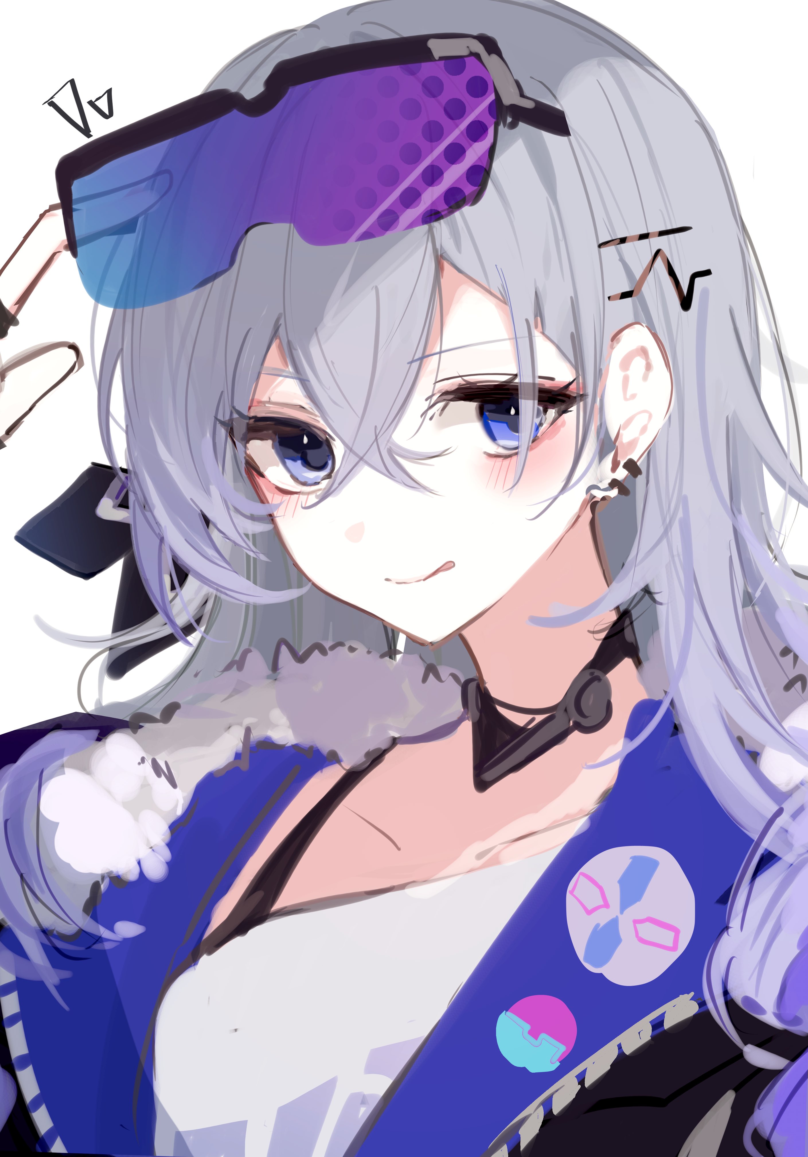 magnet 8 8, silver wolf (honkai: star rail), honkai: star rail, honkai (series), absurdres, commentary request, highres, 1girl, :q, alternate hairstyle, badge, blue-tinted eyewear, blue eyes, blush, bra strap, button badge, closed mouth, crossed bangs, eyewear on head, gradient-tinted eyewear, grey hair, hair between eyes, hair down, hair ornament, hairclip, hand up, jacket, long hair, looking at viewer, parallel hairclips, portrait, purple-tinted eyewear, shirt, simple background, smile, solo, tinted eyewear, tongue, tongue out, white background, white shirt