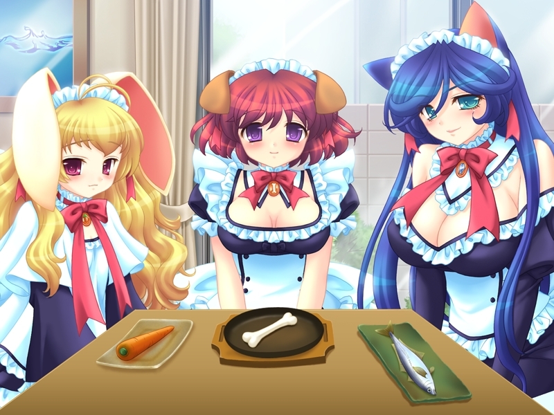 lugosi ela, basil (peropero sasete), berry (peropero sasete), laurel, laurel (peropero sasete), peropero sasete, game cg, source request, 3girls, animal ears, basil leaf, berry, blonde hair, blue eyes, blue hair, blush, bone, breasts, carrot, cat ears, cleavage, fish, flat chest, food, large breasts, long hair, maid, multiple girls, purple eyes, rabbit ears, red eyes, red hair