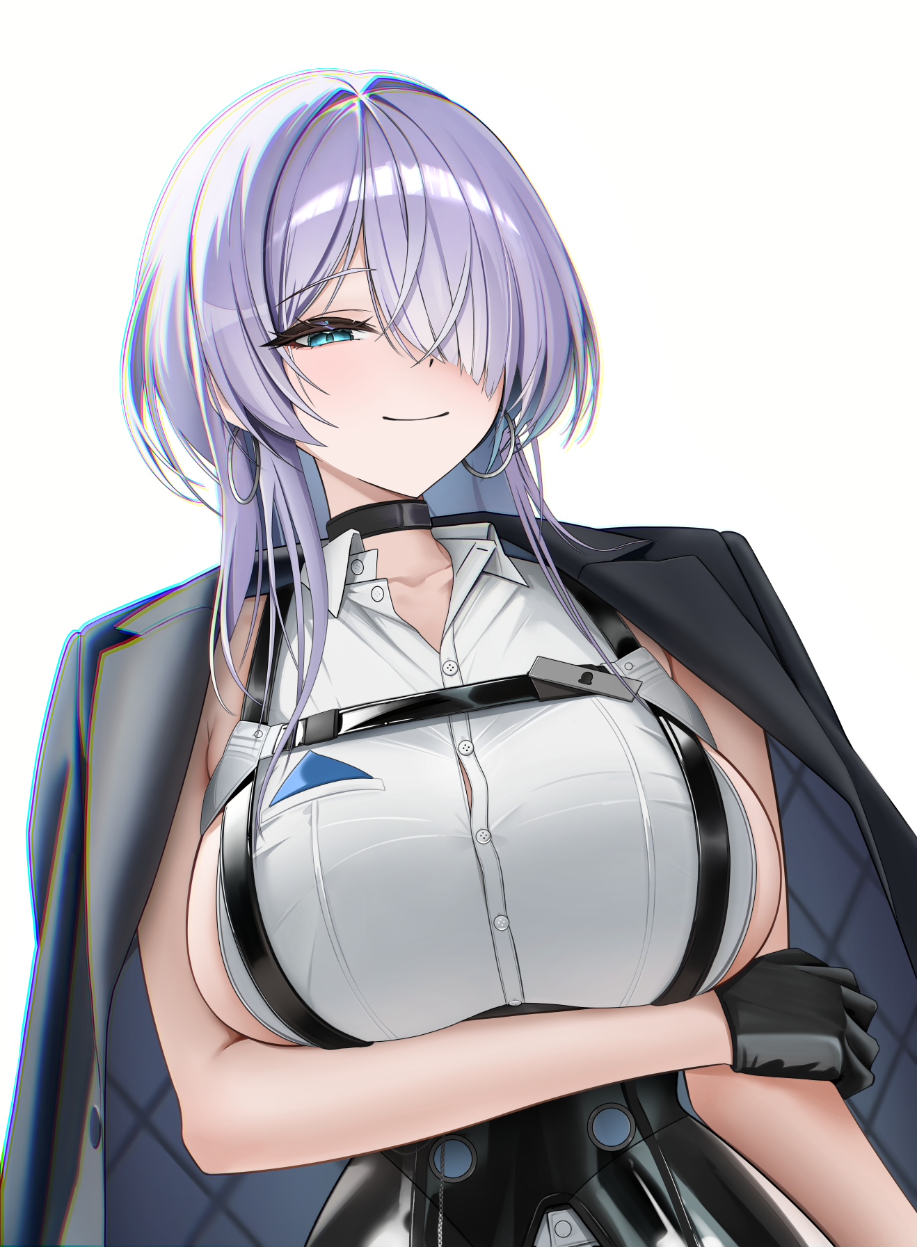 hezzu 0, brid (nikke), brid (silent track) (nikke), goddess of victory: nikke, highres, 1girl, black choker, black corset, blue eyes, breasts, button gap, chest harness, choker, closed mouth, corset, gloves, hair over one eye, half gloves, hand on own arm, harness, jacket, jacket on shoulders, large breasts, long hair, pants, sideboob, sideless shirt, sidelocks, simple background, smile, solo, tight clothes, tight pants, white background, white hair, white pants