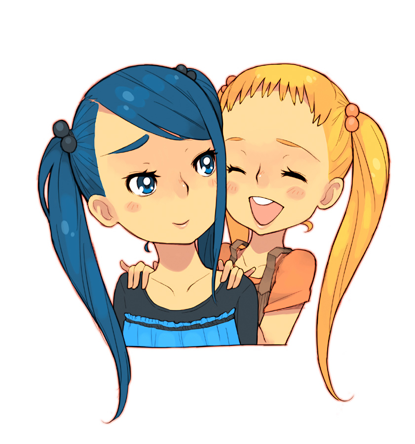 ukokkei, kasugano urara (yes! precure 5), minazuki karen, precure, yes! precure 5, 00s, 2girls, blonde hair, blue eyes, blue hair, blush, eyelashes, happy, long hair, multiple girls, smile, twintails