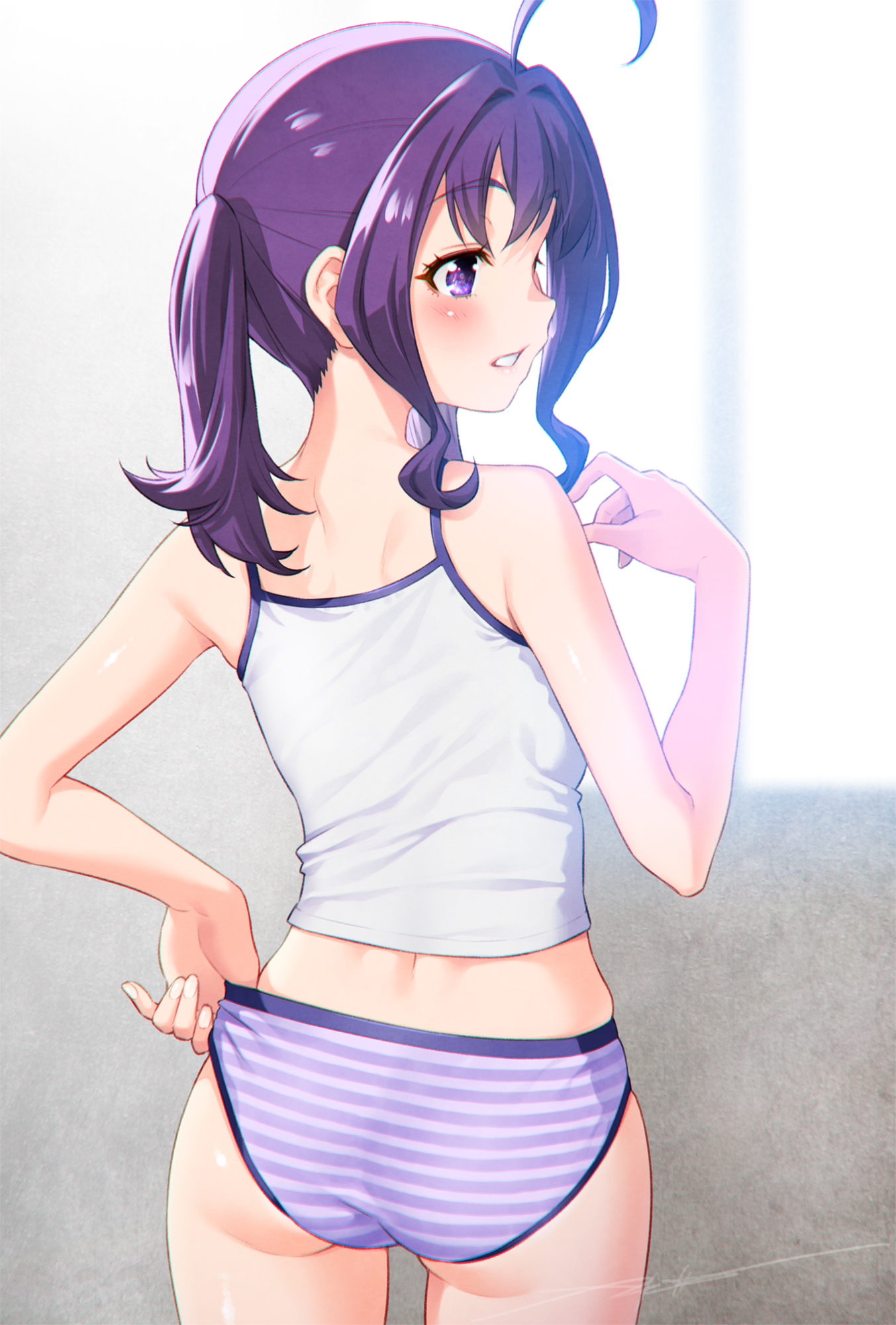 kazuma muramasa, shigure kokoro, kimi to idol precure, precure, commentary request, highres, 1girl, ahoge, ass, blush, camisole, from behind, medium hair, panties, profile, purple eyes, purple hair, solo, striped clothes, striped panties, twintails, underwear