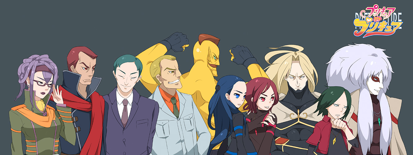 ukokkei, anacondy, anacondy (yes! precure 5), bunbee, bunbee (yes! precure 5), circulas, kawarino, kintoleski, kiriya (futari wa precure), kiryuu kaoru, kiryuu michiru, pisard, scorp, futari wa precure, futari wa precure max heart, futari wa precure splash star, kiriya, precure, yes! precure 5, 00s, 3girls, 6+boys, adjusting eyewear, bad guys, blue hair, brown hair, everyone, flexing, formal clothes, glasses, in-franchise crossover, lipstick, long hair, makeup, male focus, multiple boys, multiple girls, purple hair, scarf, shorts, suit, villains