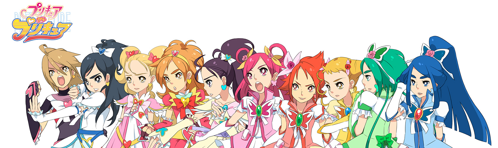 ukokkei, akimoto komachi, cure aqua, cure black, cure bloom, cure dream, cure egret, cure lemonade, cure mint, cure rouge, cure white, hyuuga saki, kasugano urara (yes! precure 5), kujou hikari, minazuki karen, mishou mai, misumi nagisa, natsuki kruger, natsuki rin, shiny luminous, yukishiro honoka, yumehara nozomi, fresh precure!, futari wa precure, futari wa precure max heart, futari wa precure splash star, precure, precure all stars, yes! precure 5, highres, long image, wide image, 00s, 6+girls, :o, black hair, blonde hair, blue hair, bow, brooch, brown hair, bug, butterfly, butterfly hair ornament, cone hair bun, copyright name, earrings, elbow gloves, everyone, flower, gloves, green hair, hair bun, hair ornament, hair ribbon, hair rings, hairband, hairpin, half updo, heart, heart brooch, in-franchise crossover, insect, jewelry, logo, long hair, magical girl, multiple girls, open mouth, orange hair, pink flower, pink rose, ponytail, purple hair, rainbow order, ribbon, rose, short hair, twintails, wide ponytail