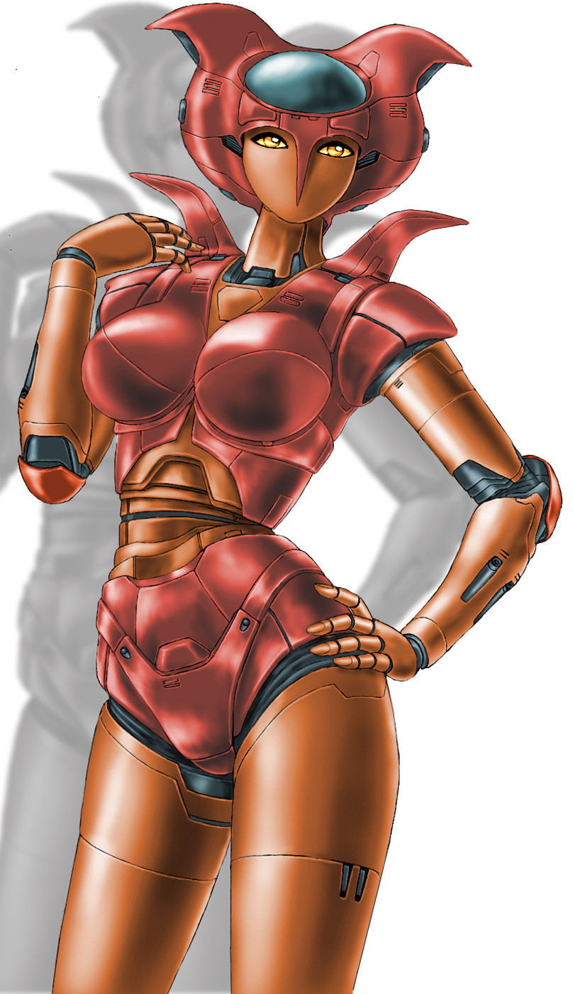 toten (der fuhrer), aphrodai a, mazinger (series), mazinger z, commentary request, highres, 1girl, armor, breasts, cockpit, cowboy shot, drop shadow, glass cockpit, hand on own hip, hand up, large breasts, looking at viewer, mecha, mecha focus, multicolored armor, orange armor, red armor, robot, robot girl, solo, super robot, yellow eyes