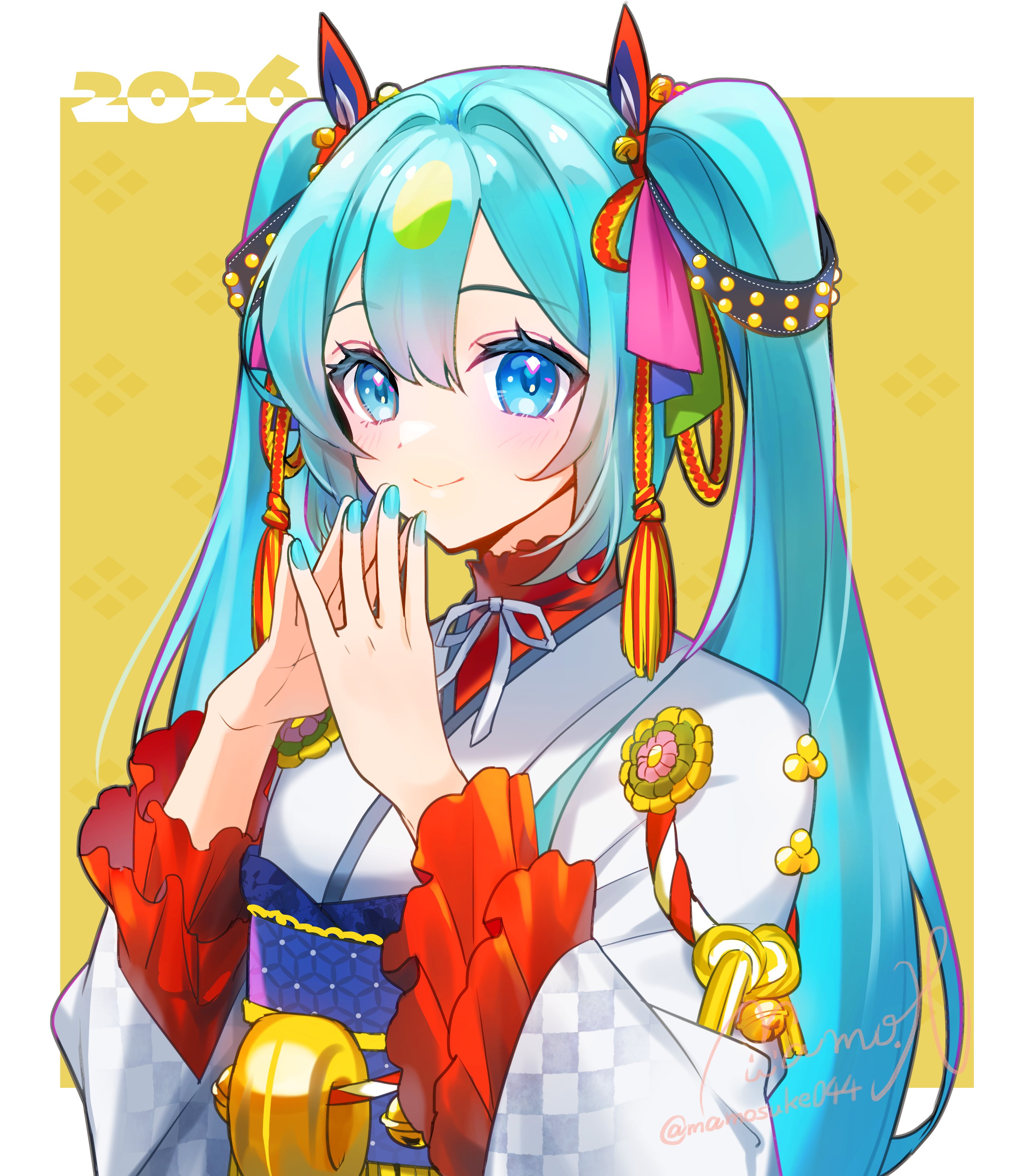 mamo (fortune-mm), hatsune miku, vocaloid, absurdres, commentary request, highres, 1girl, 2026, alternate costume, aqua eyes, aqua hair, aqua nails, blush, closed mouth, fingernails, hair between eyes, hair ornament, japanese clothes, kimono, long hair, long sleeves, looking at viewer, nail polish, smile, solo, twintails, upper body, very long hair, white kimono, wide sleeves, yellow background