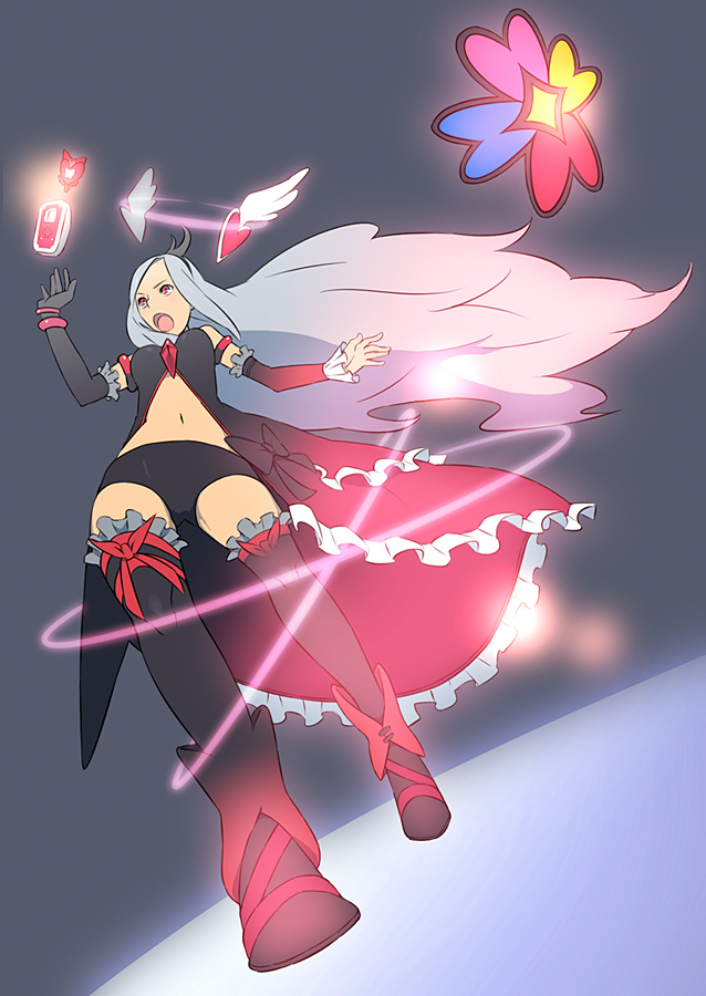 ukokkei, cure passion, eas (fresh precure!), higashi setsuna, fresh precure!, precure, silver hair, 00s, 1girl, alternate costume, cellphone, henshin, long hair, magical girl, phone, red eyes, shorts, thighhighs, transformation