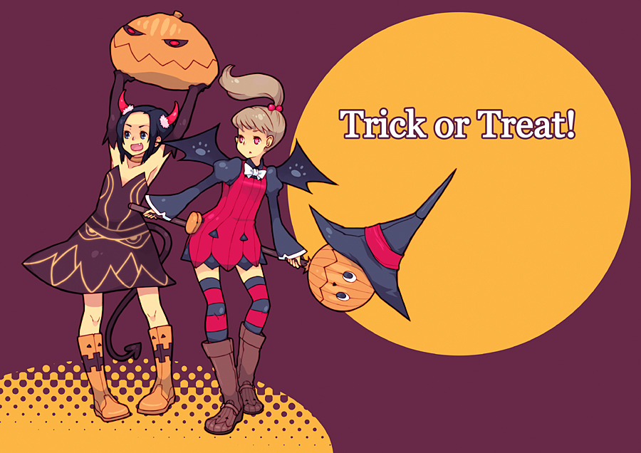 ukokkei, striped legwear, 2girls, armpits, bat wings, blue hair, boots, brown hair, demon tail, flat chest, halloween, hat, horns, jack-o'-lantern, long hair, multiple girls, pink eyes, ponytail, pumpkin, shorts, staff, striped clothes, striped thighhighs, tail, thighhighs, trick or treat, wings, witch hat