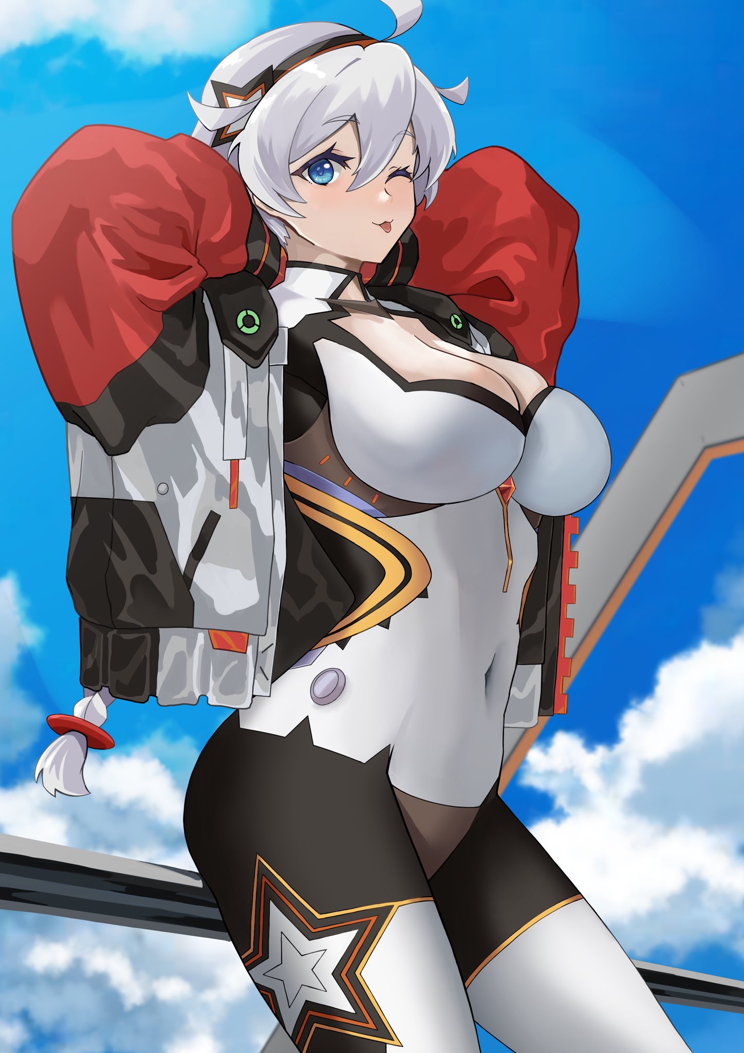 task baron, kiana kaslana, kiana kaslana (white comet), honkai (series), honkai impact 3rd, commentary request, highres, 1girl, ;p, ahoge, arms behind head, blue eyes, bodysuit, braid, breasts, cleavage, cloud, cloudy sky, covered navel, cowboy shot, headband, jacket, large breasts, one eye closed, open clothes, open jacket, sky, star (symbol), star print, tongue, tongue out, twin braids, white hair