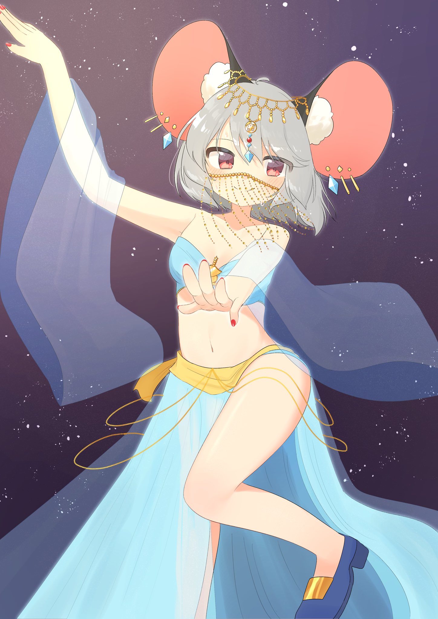 edamanecha, nazrin, touhou, commentary, highres, 1girl, animal ears, belly chain, dancing, grey hair, harem outfit, jewelry, looking at viewer, midriff, mouse ears, mouse girl, navel, see-through clothes, short hair, solo, thighs, veil