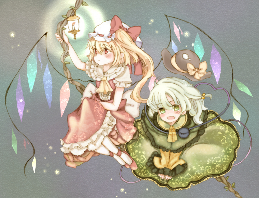 yuu shin, yuuma (tenkyuugi), flandre scarlet, komeiji koishi, touhou, bad id, bad pixiv id, 2girls, blonde hair, bow, candle, female focus, hat, mob cap, multiple girls