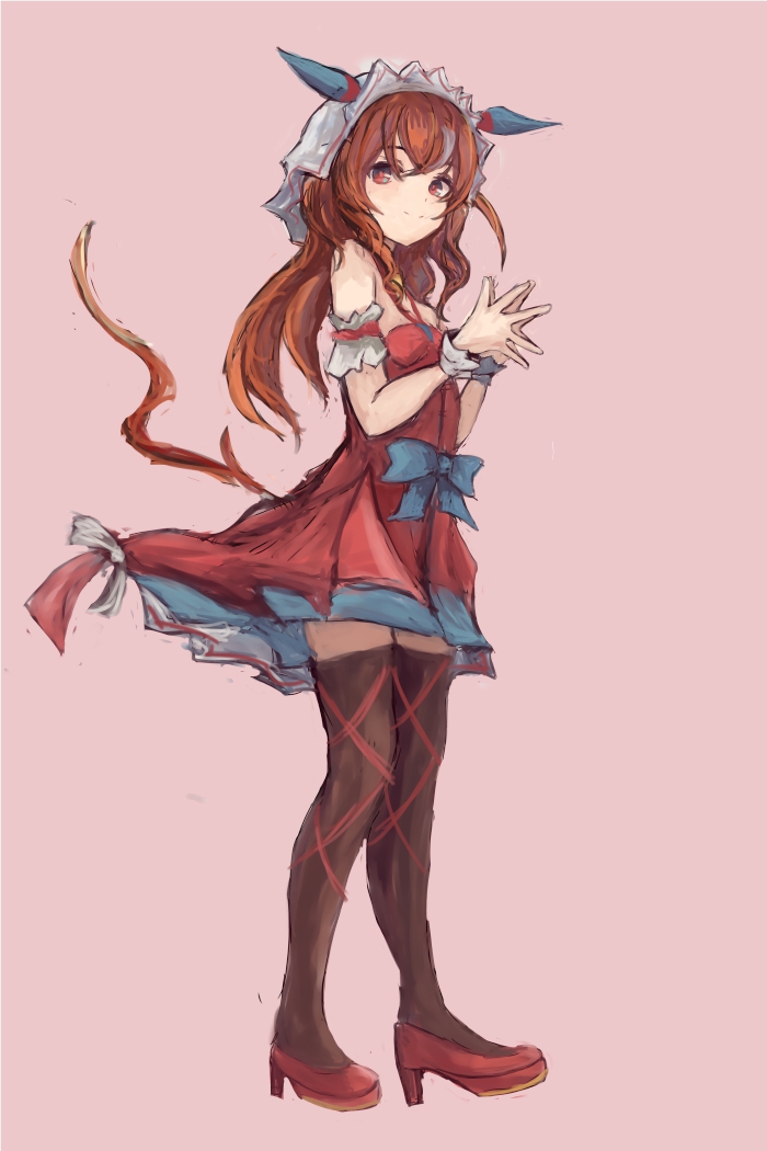 yanagi wakana, still in love (scarlet vow raiment) (umamusume), still in love (umamusume), umamusume, commentary request, 1girl, animal ears, bare shoulders, black thighhighs, blue bow, bow, breasts, brown hair, closed mouth, dress, ear covers, ear ribbon, full body, hair between eyes, horse ears, horse girl, horse tail, long hair, looking at viewer, red dress, red eyes, red ribbon, ribbon, shoes, simple background, small breasts, smile, solo, tail, thighhighs, veil, white streaks, white veil