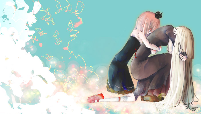 toukoku sasaiko, ushiromiya maria, ushiromiya rosa, umineko no naku koro ni, bad id, bad pixiv id, 00s, 2girls, blonde hair, blue background, blue eyes, brown hair, crown, dress, hime cut, hug, hug from behind, kneehighs, kneeling, long hair, mary janes, mother and daughter, multiple girls, orange hair, pink hair, sad, shoes, short hair, socks, squatting