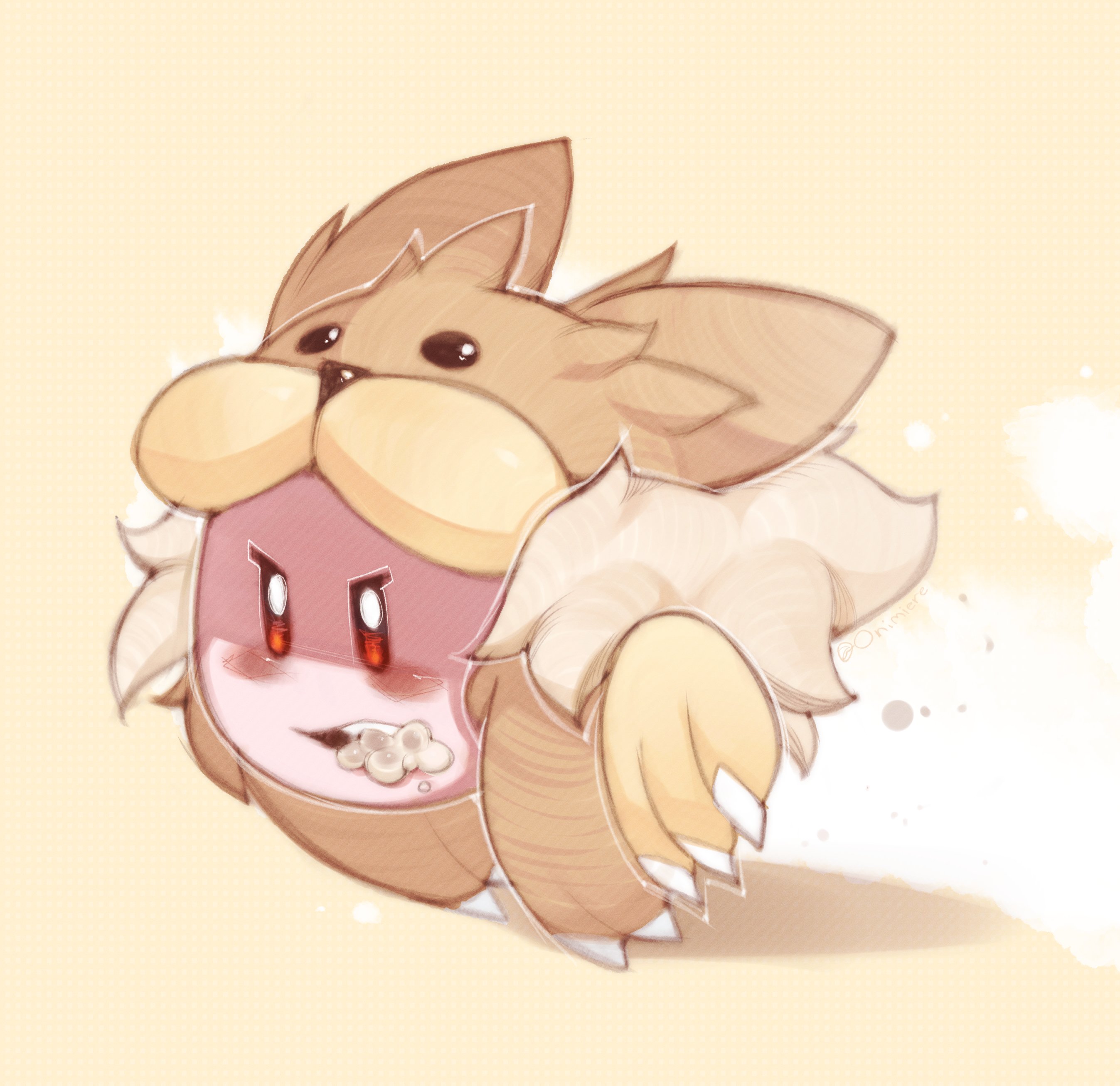 onimiere, animal kirby, kirby, kirby (series), nintendo, absurdres, commentary, english commentary, highres, blush stickers, claws, colored skin, copy ability, foaming at the mouth, no humans, pink skin, running, simple background, solo, teeth, yellow background