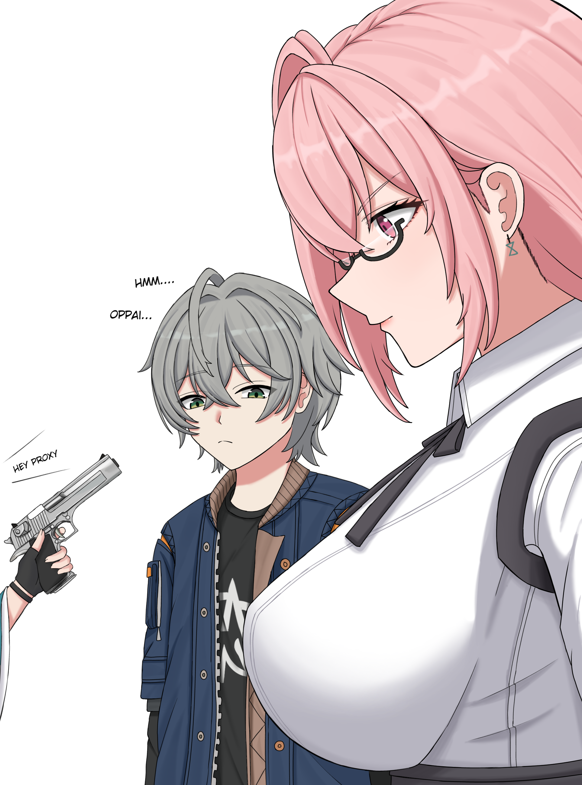 na (naneesan1), hoshimi miyabi, tsukishiro yanagi, wise (zenless zone zero), zenless zone zero, absurdres, commentary, english commentary, highres, ahoge, black-framed eyewear, black gloves, black ribbon, breasts, collared shirt, earrings, english text, fingerless gloves, fox girl, from side, glasses, gloves, green eyes, grey hair, gun, hair between eyes, holding, holding gun, holding weapon, huge breasts, jacket, jealous, jewelry, long hair, looking at breasts, looking down, pink eyes, pink hair, ribbon, shirt, short hair, simple background, weapon, wide sleeves